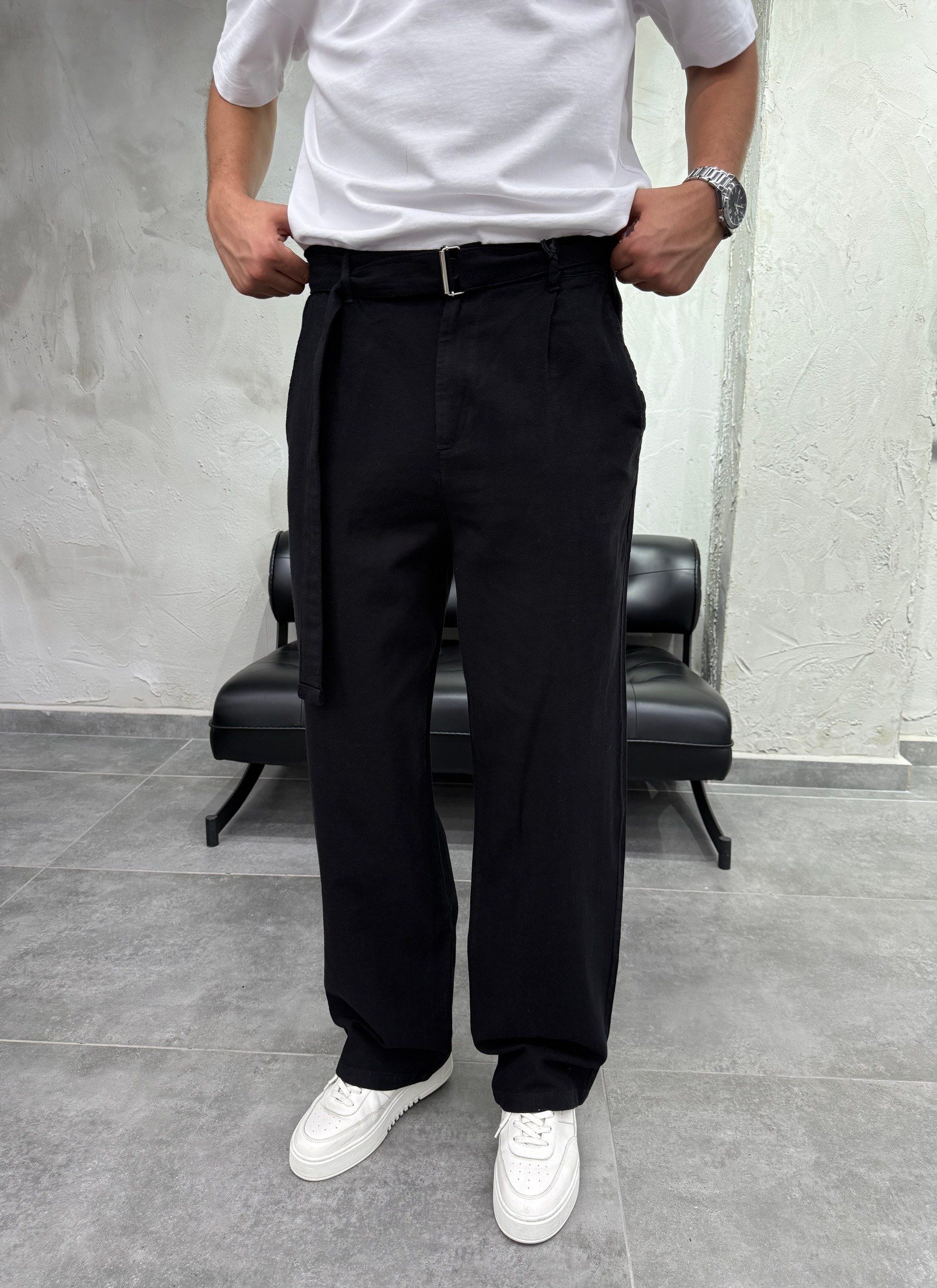 Kemer Detaylı Keten Baggy Siyah Pantolon