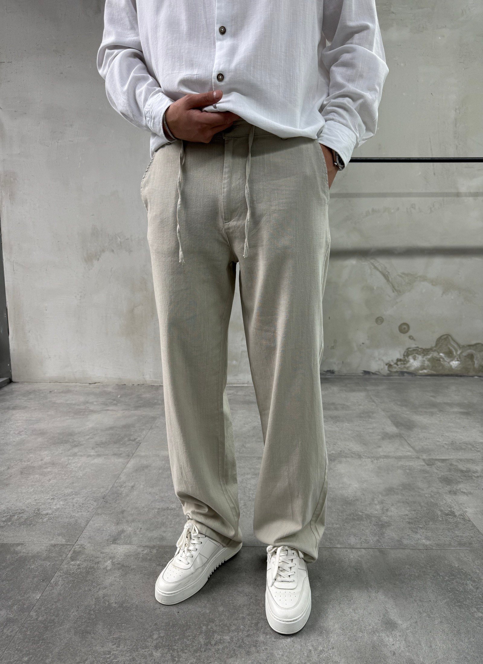 Keten Pamuk Bej Baggy Pantolon