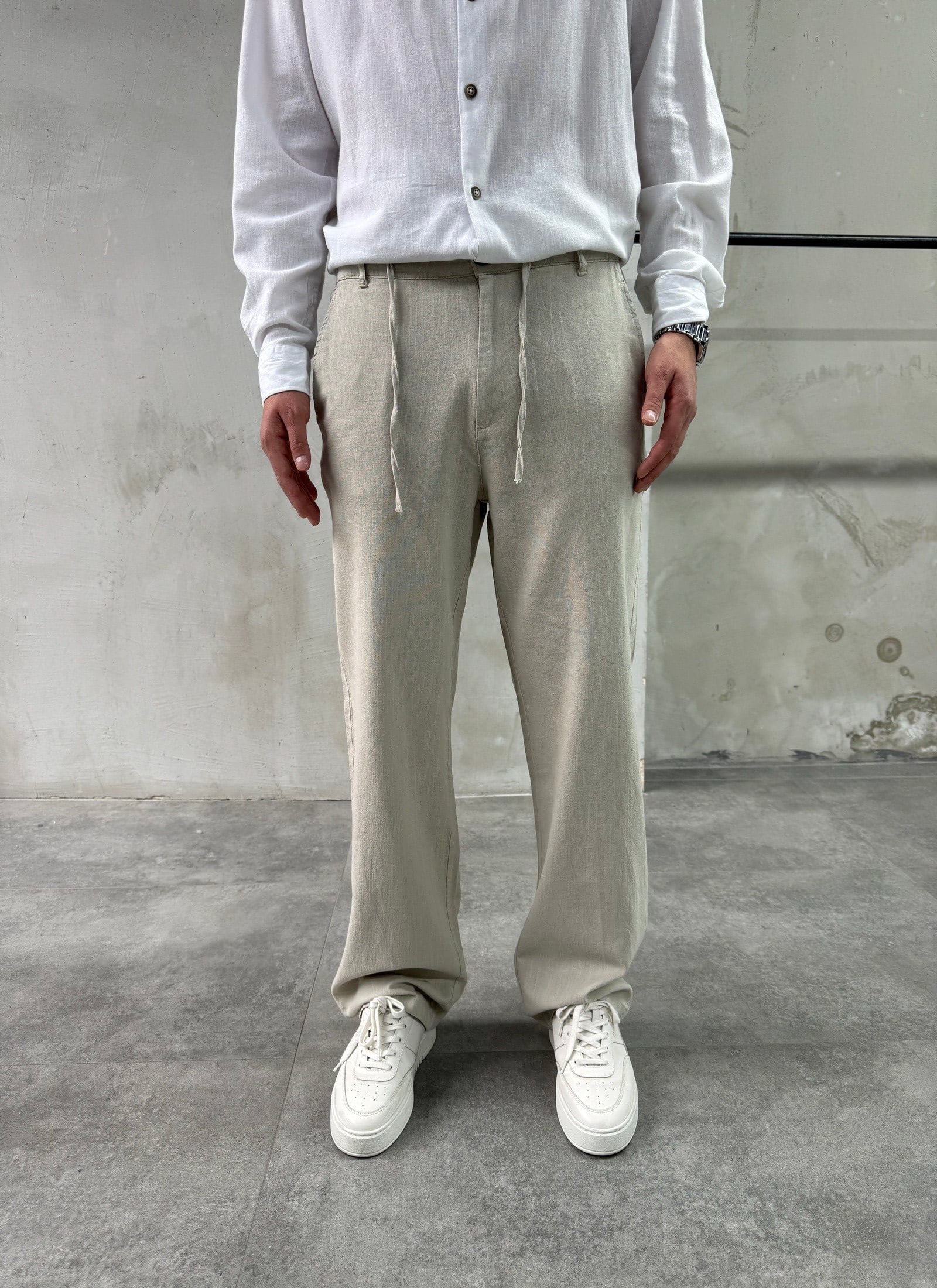 Keten Pamuk Bej Baggy Pantolon