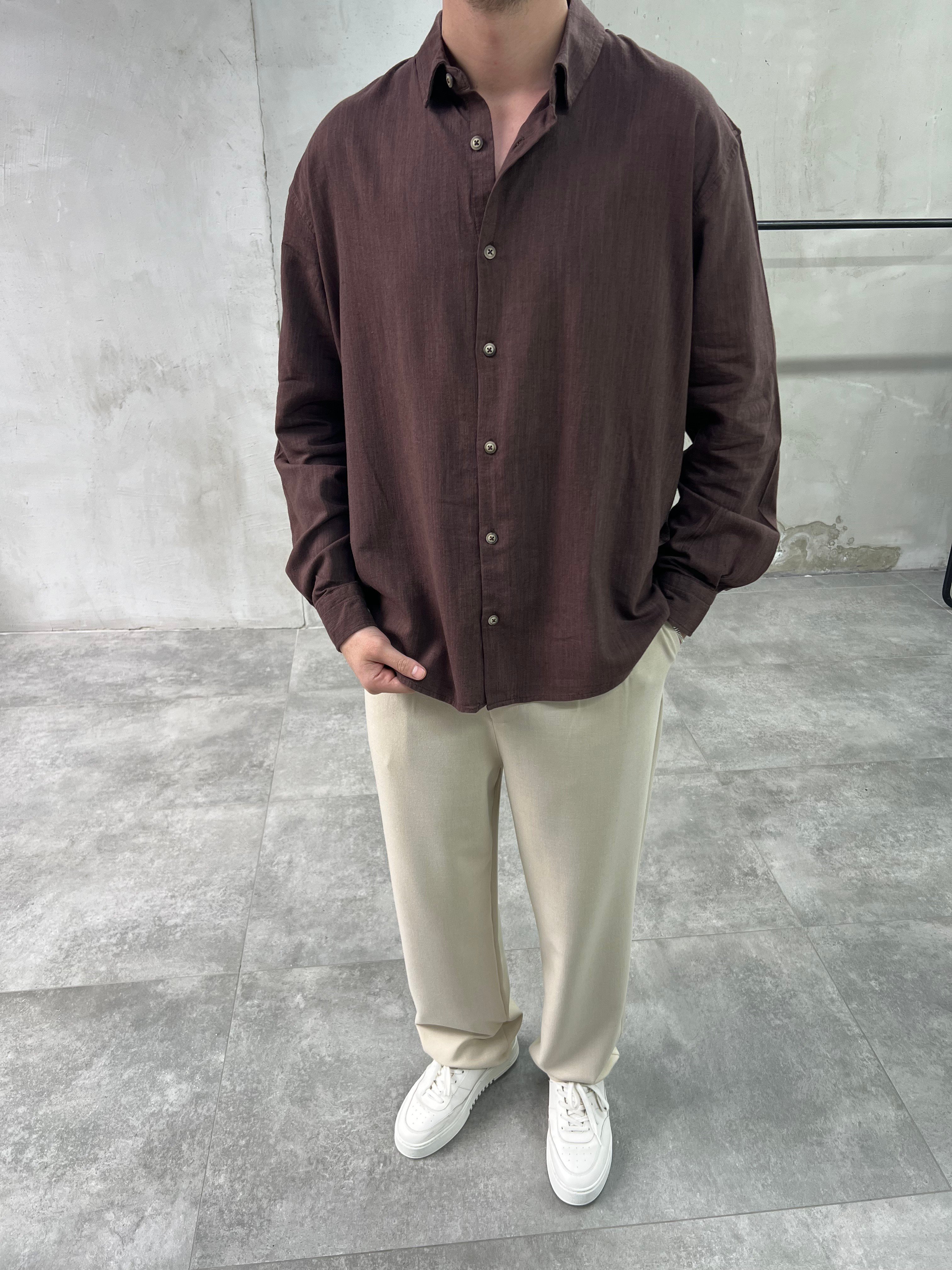 Keten Relaxed Fit Kahve Gömlek