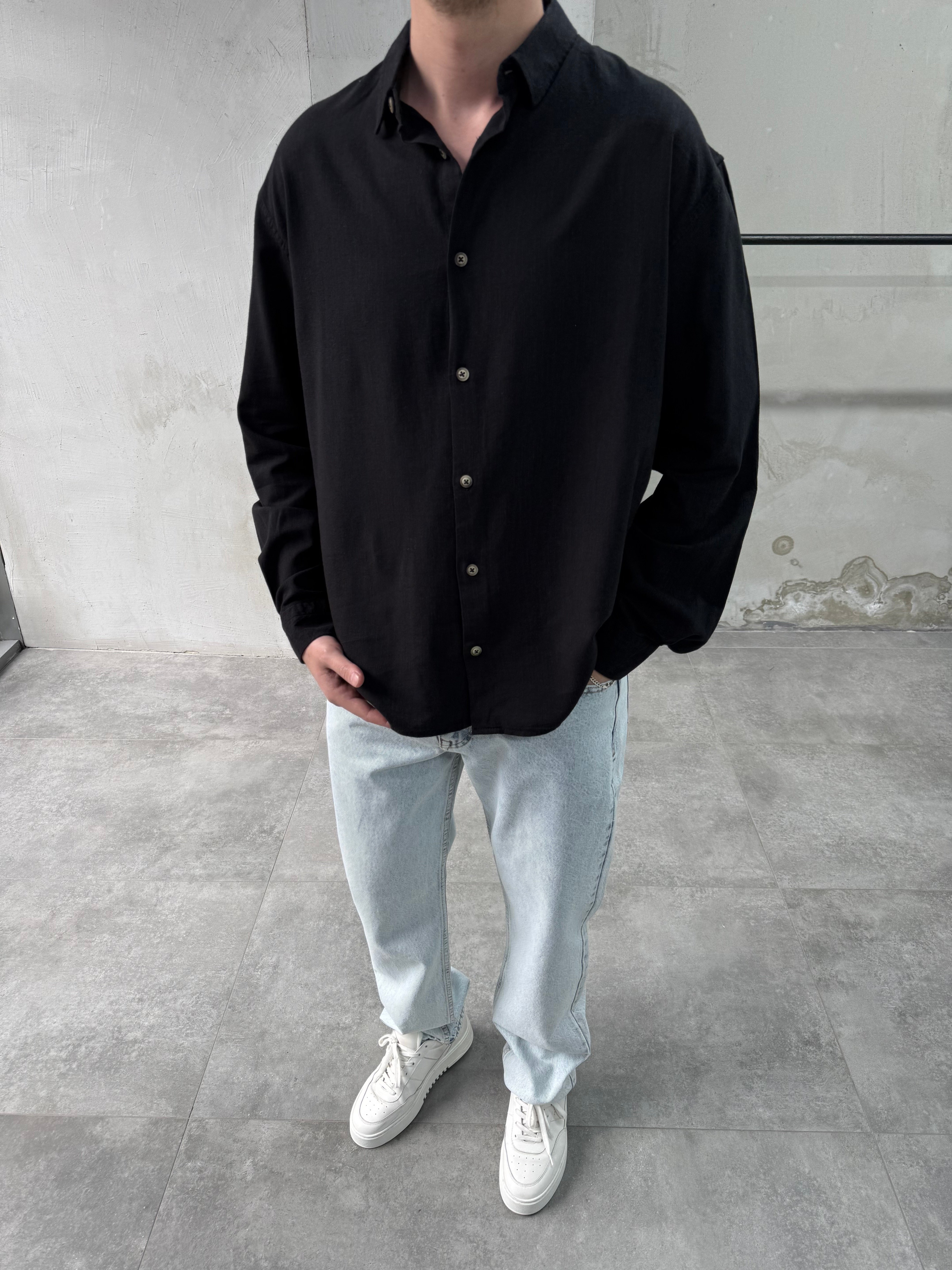 Keten Relaxed Fit Siyah Gömlek