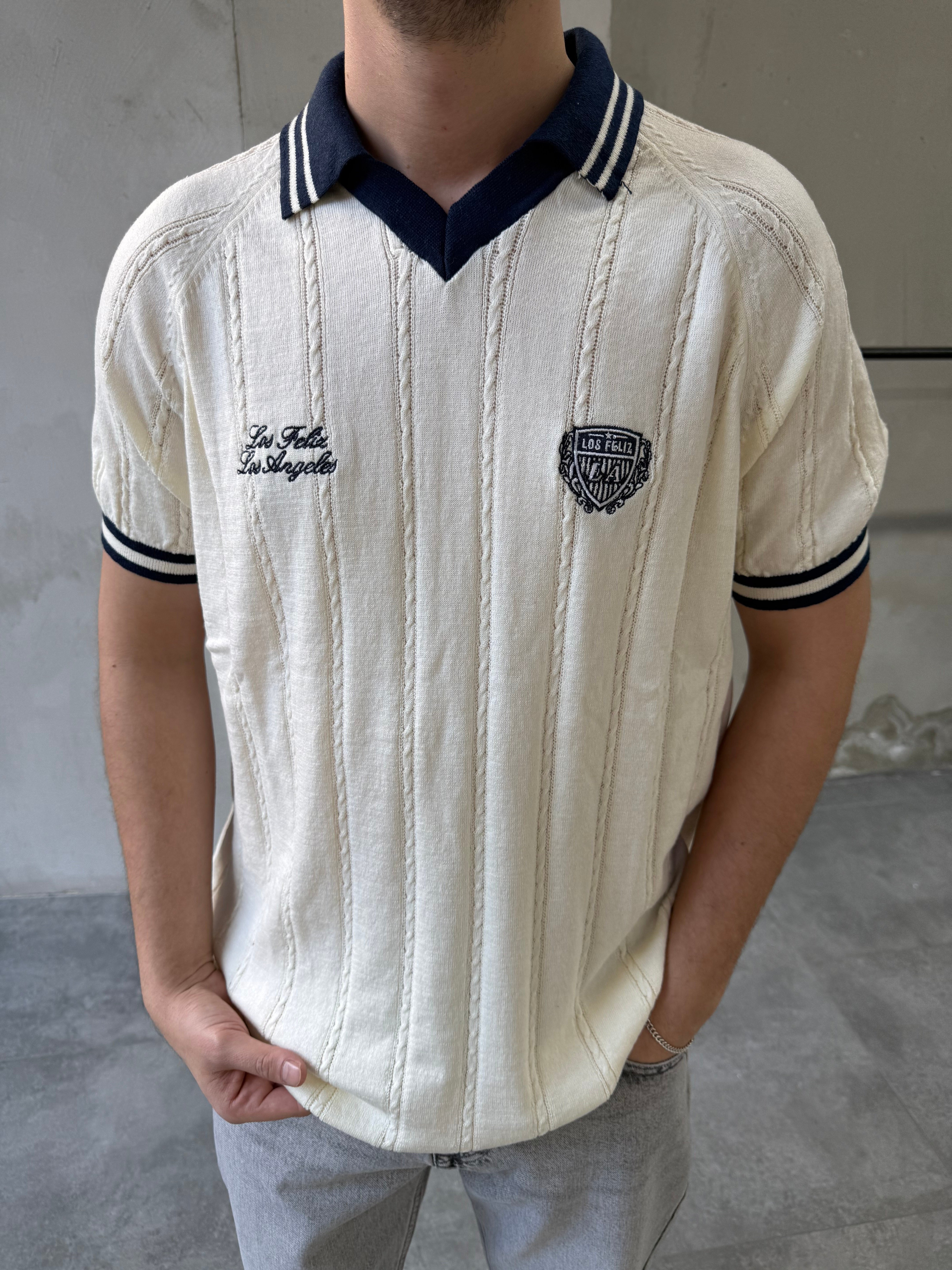 Los Arma Nakışlı Polo Yaka Ekru Triko T-shirt