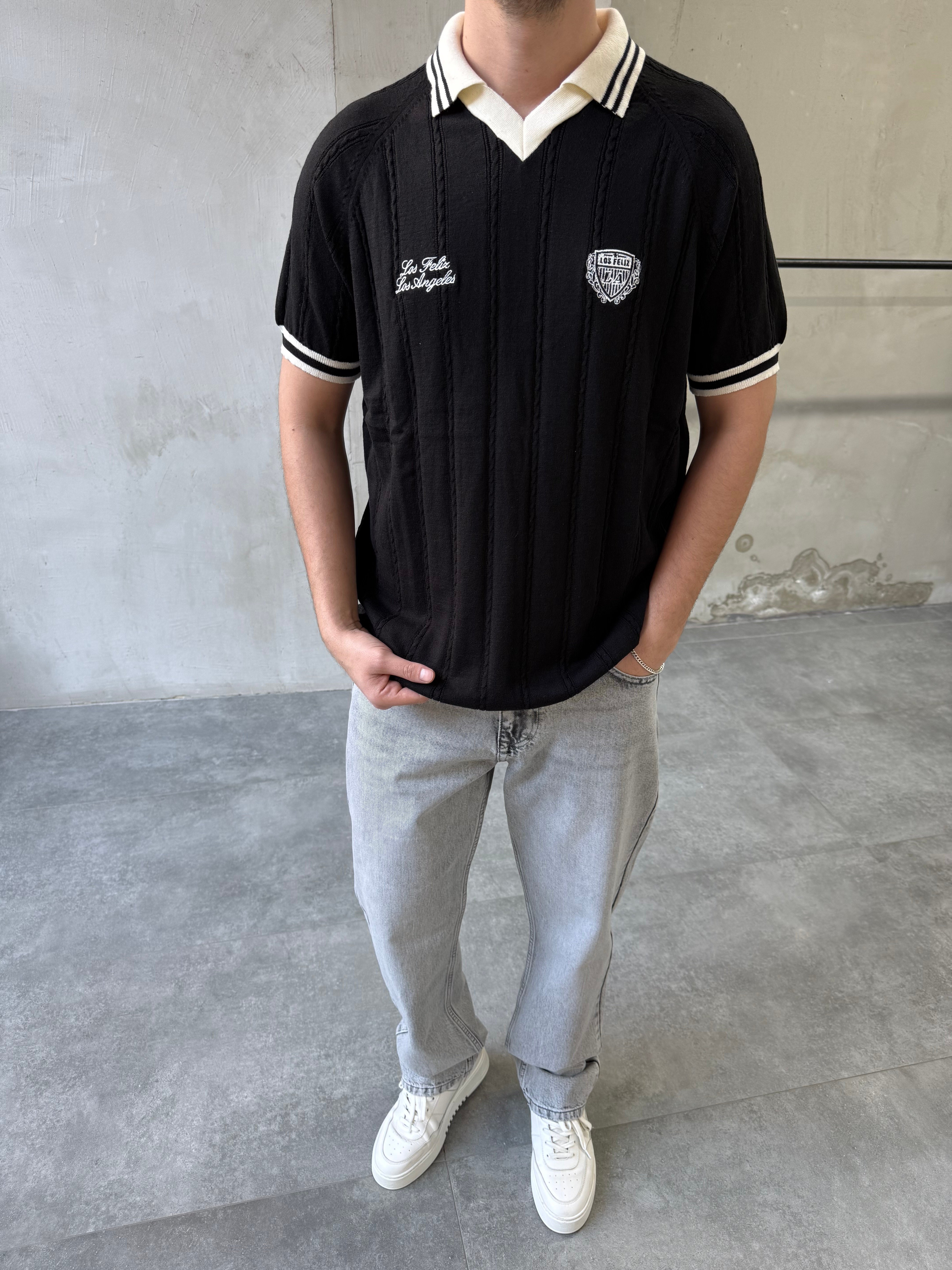 Los Arma Nakışlı Polo Yaka Siyah Triko T-shirt