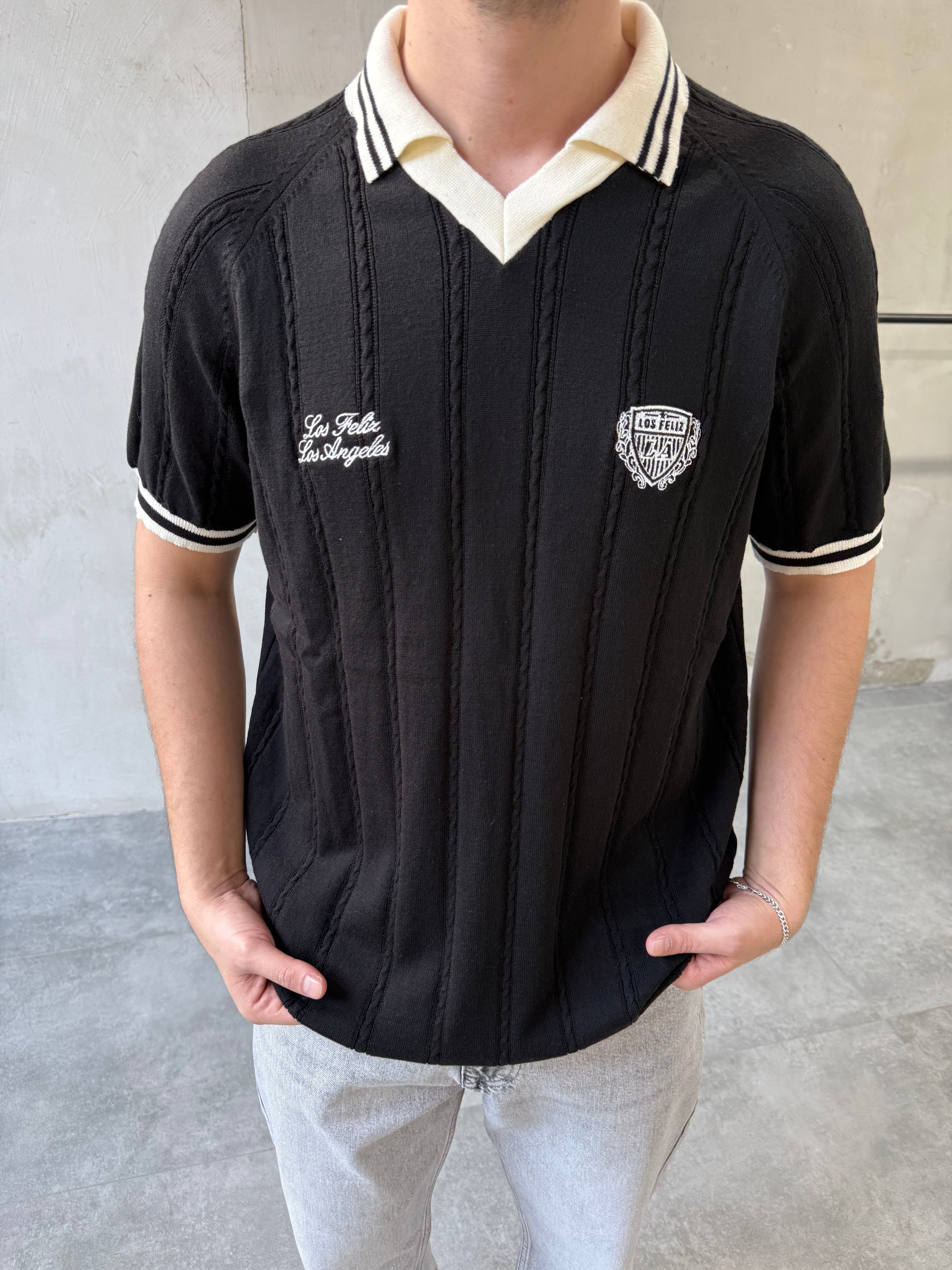 Los Arma Nakışlı Polo Yaka Siyah Triko T-shirt