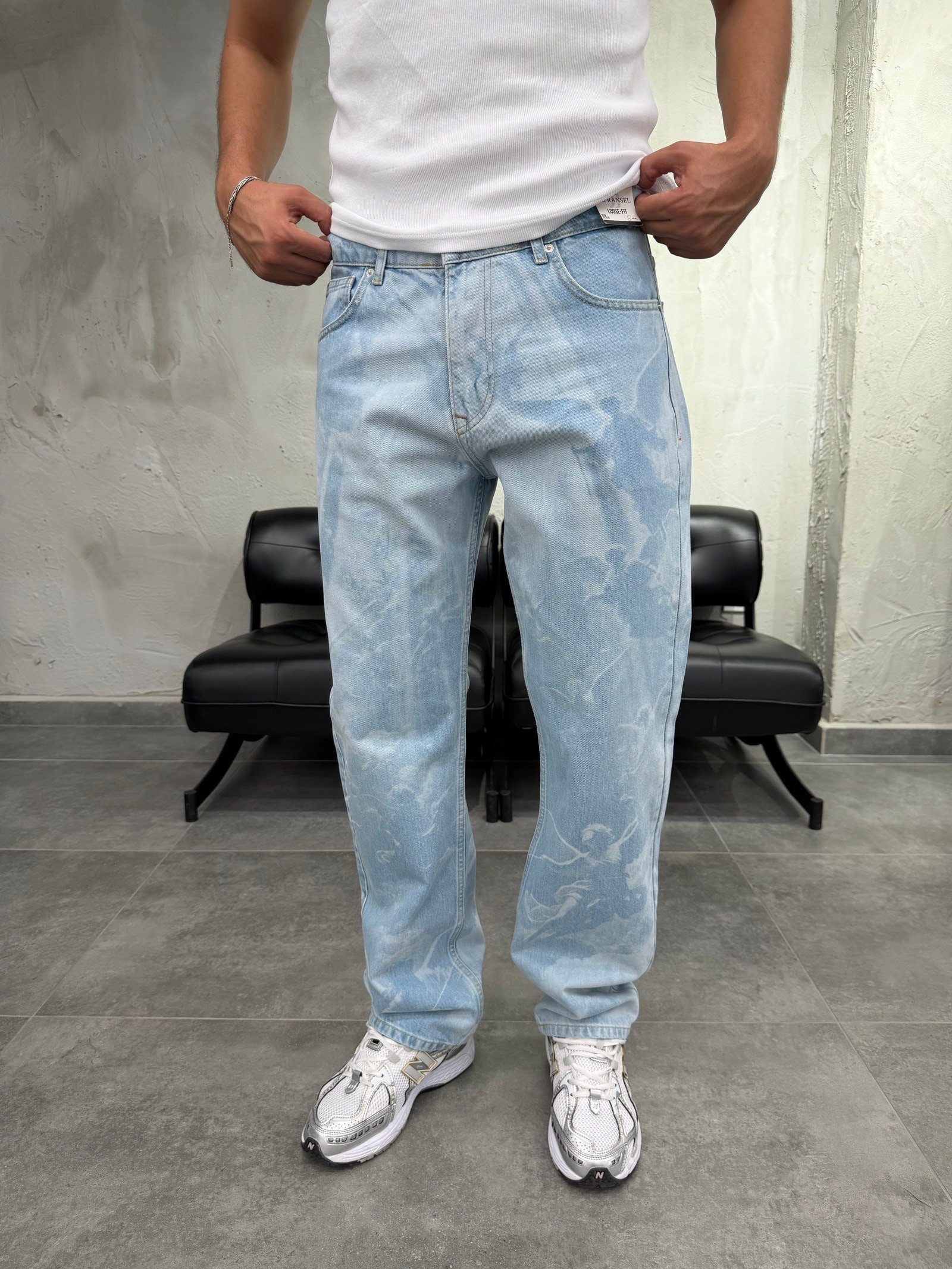 Marble Wash Desenli Mavi Baggy Jean