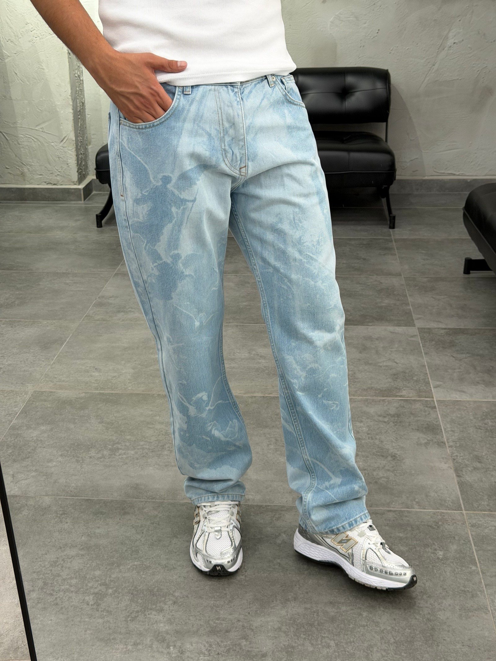 Marble Wash Desenli Mavi Baggy Jean