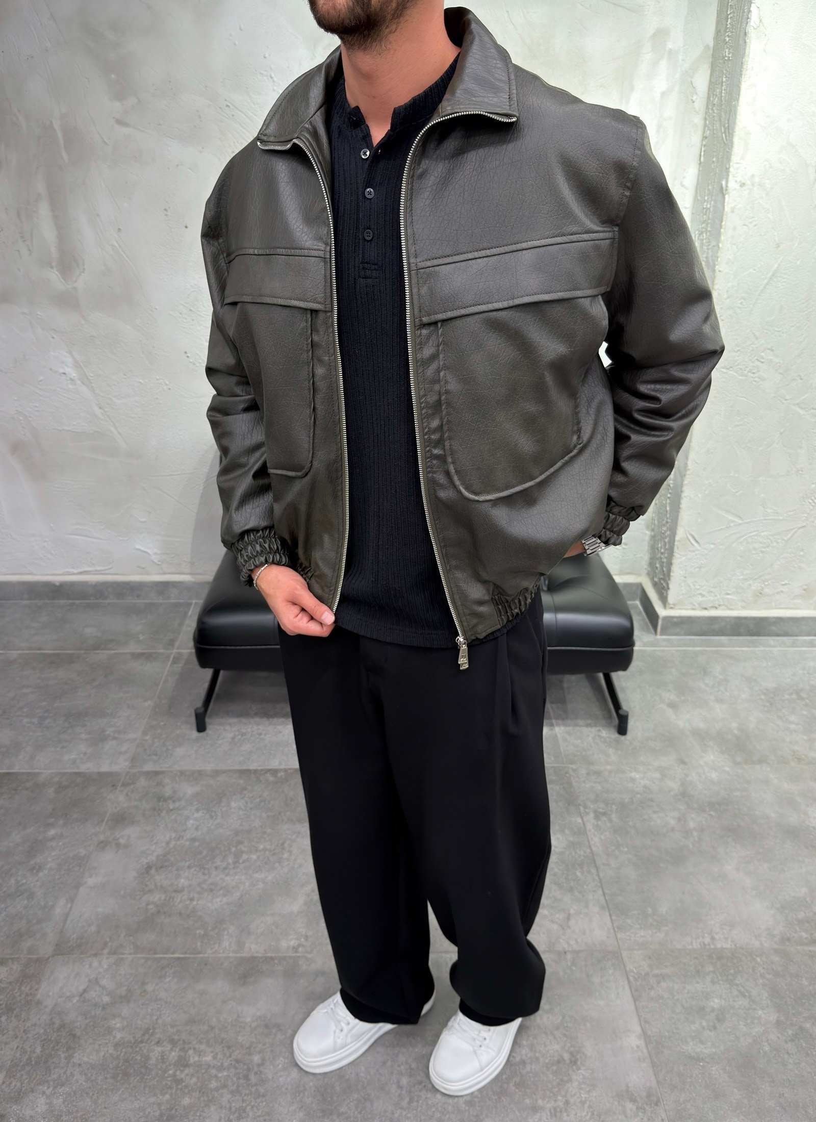 Mega Cep Suni Deri Haki Bomber Ceket