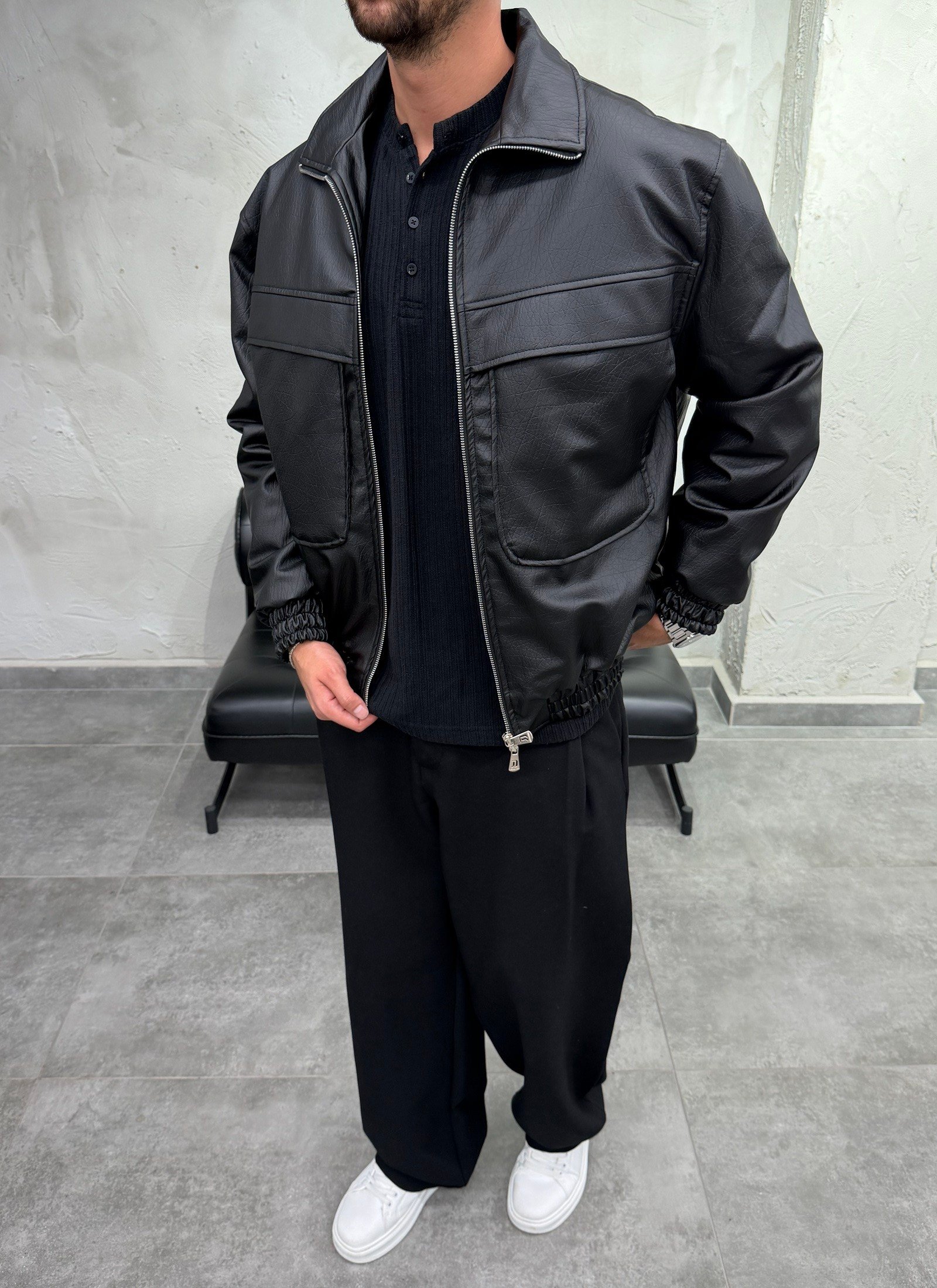 Mega Cep Suni Deri Siyah Bomber Ceket