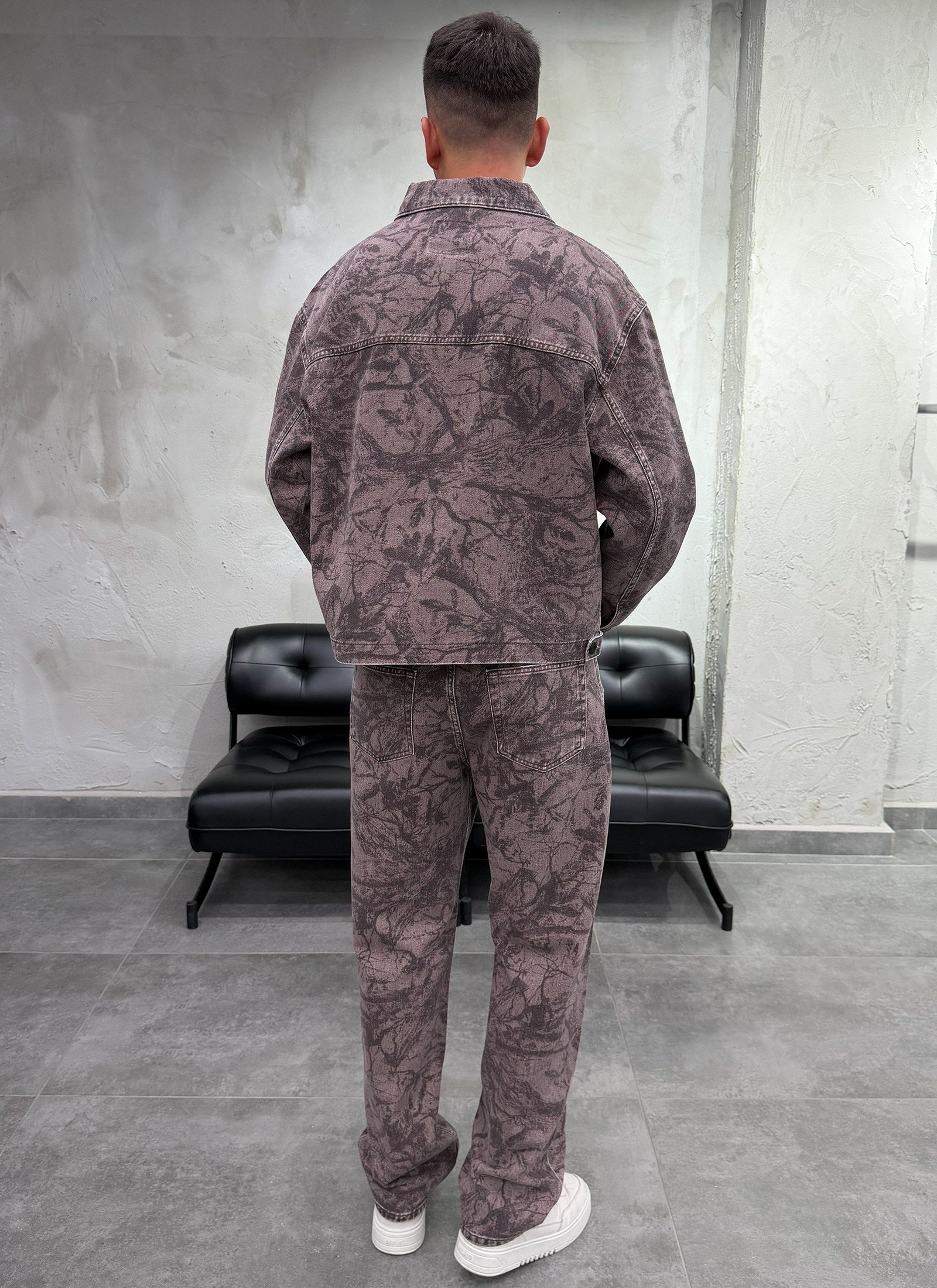 Mega Cepli Desenli Kahve Denim Takım
