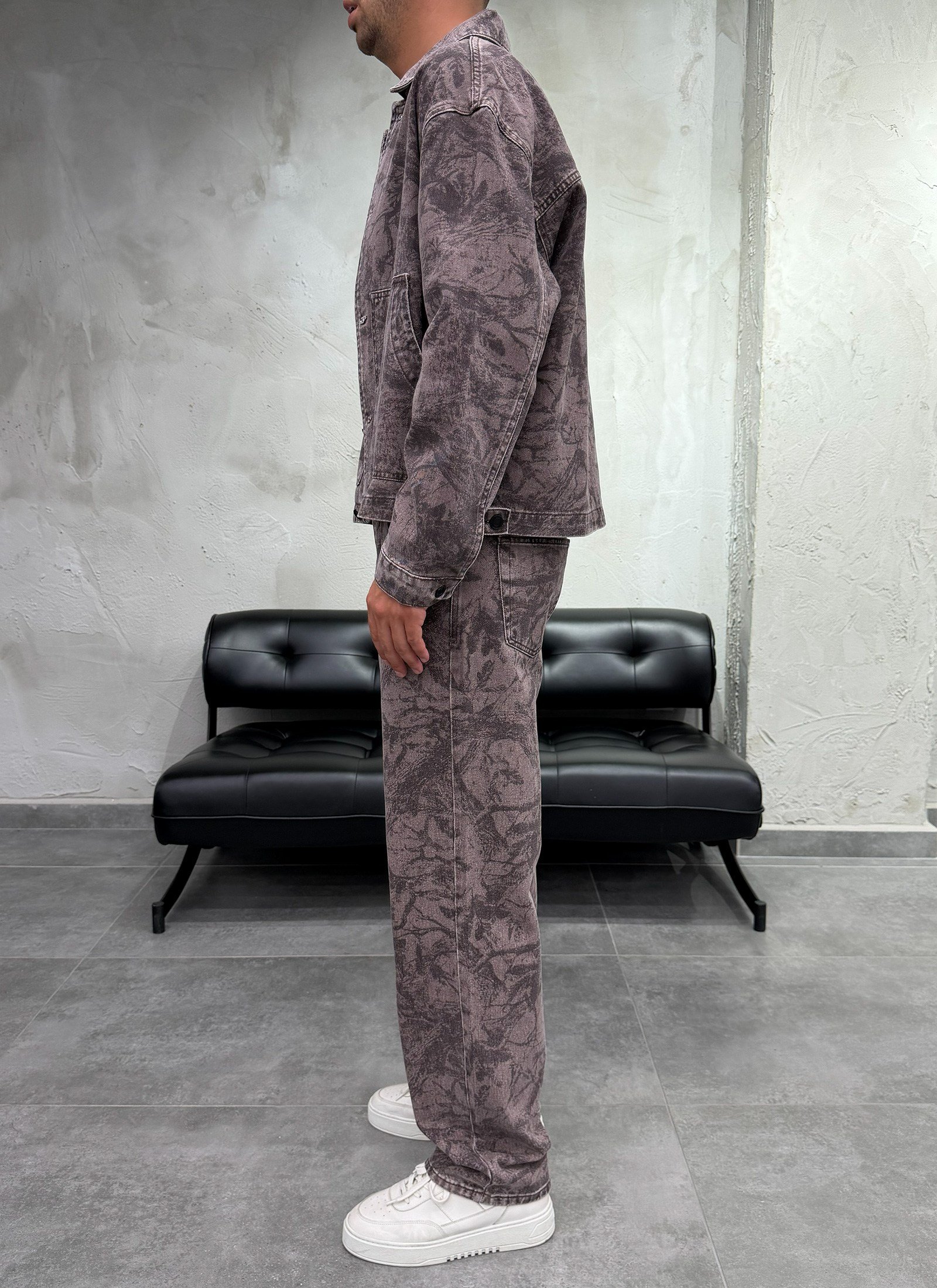 Mega Cepli Desenli Kahve Denim Takım