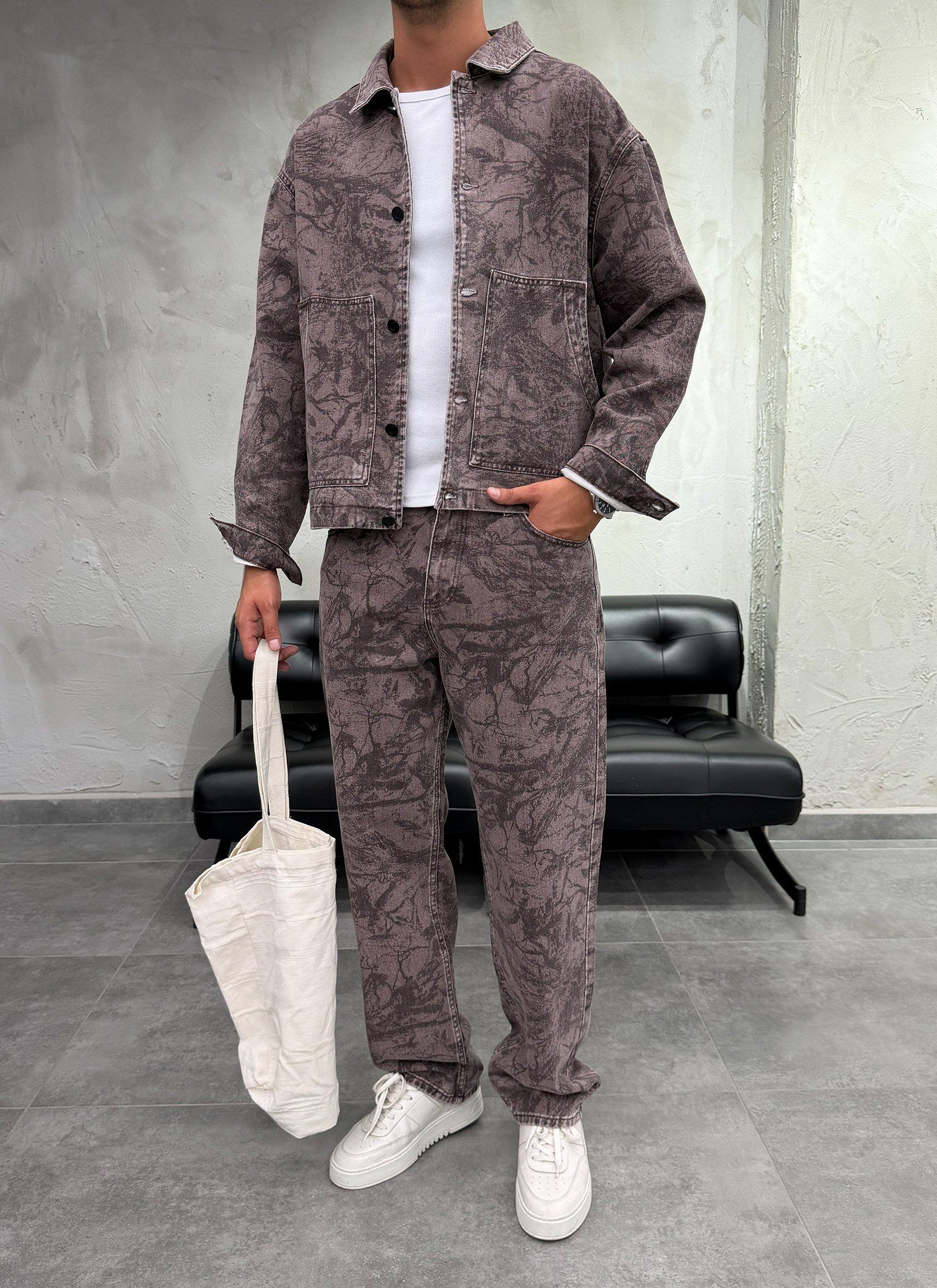 Mega Cepli Desenli Kahve Denim Takım