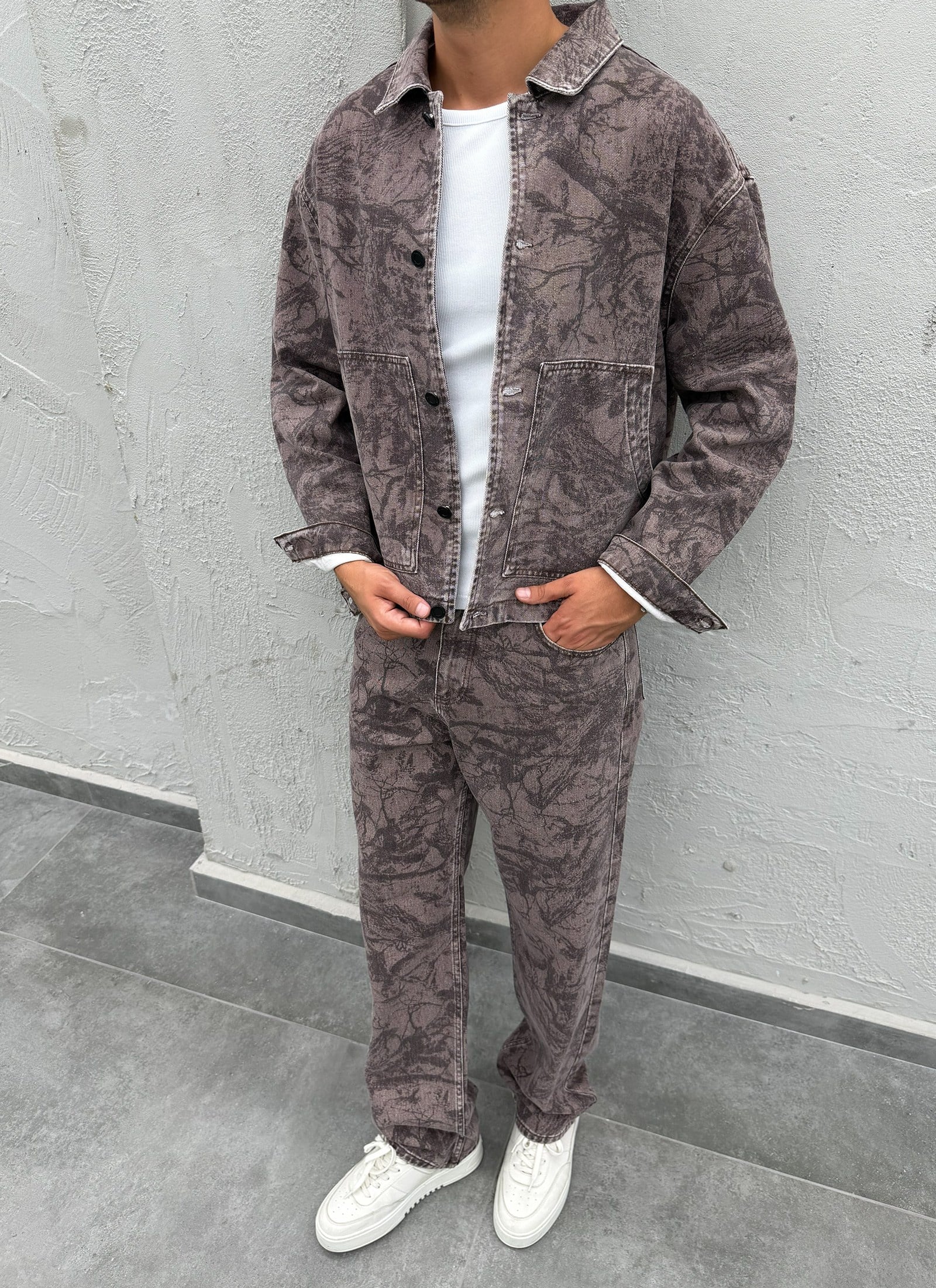 Mega Cepli Desenli Kahve Denim Takım