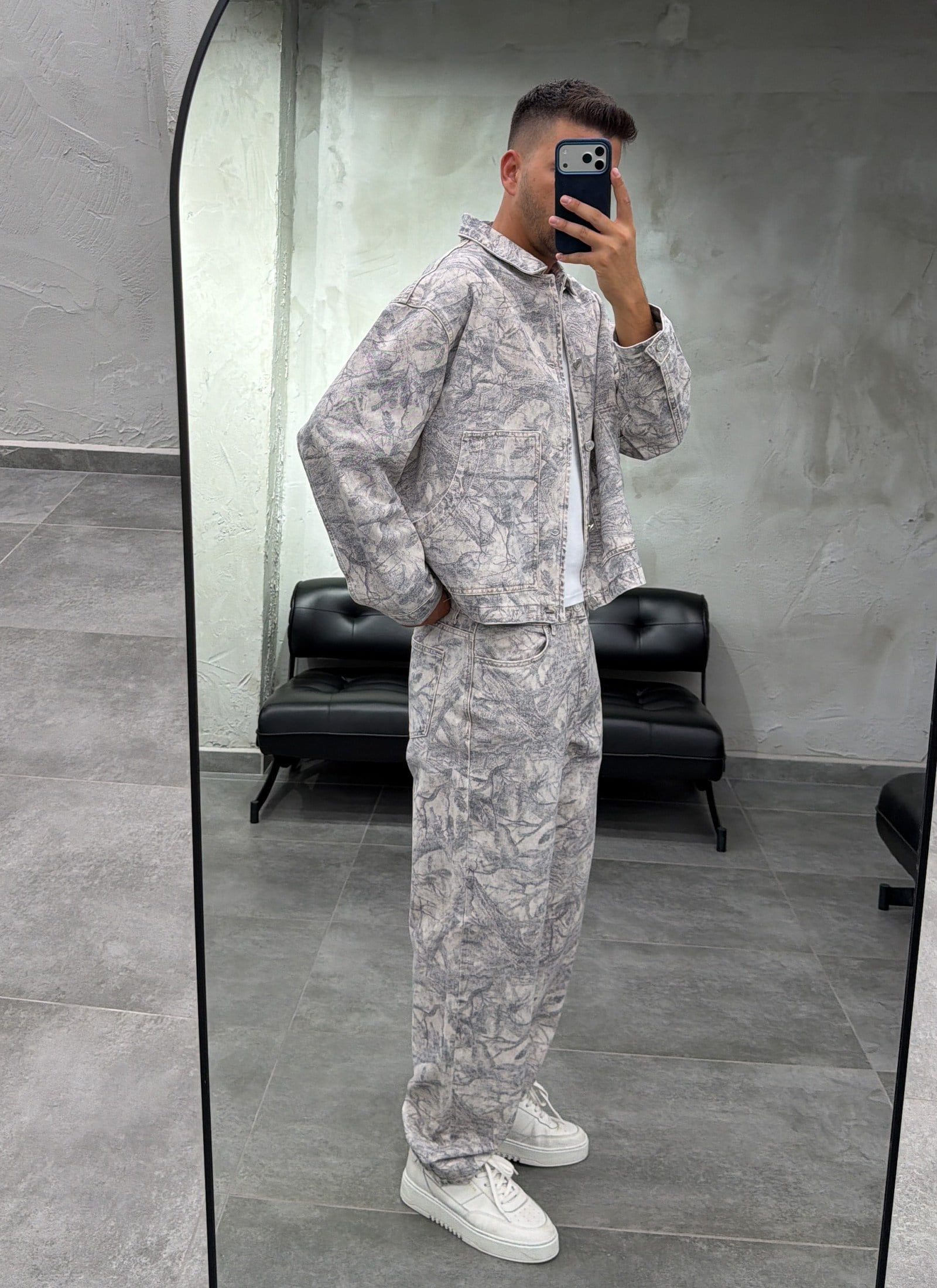 Mega Cepli Desenli Taş Denim Takım