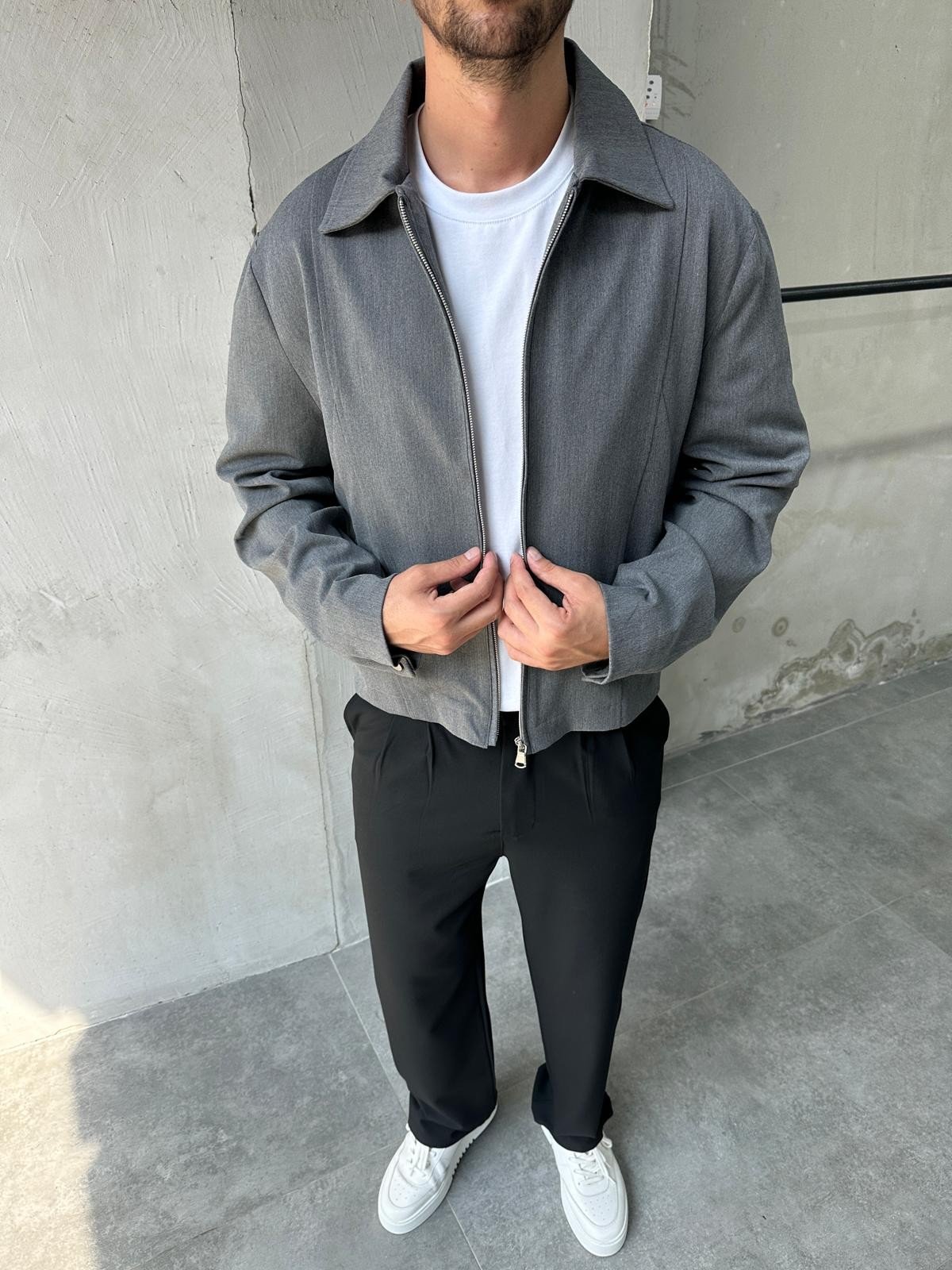 Oversize Gri Dokuma Erkek Casual Ceket