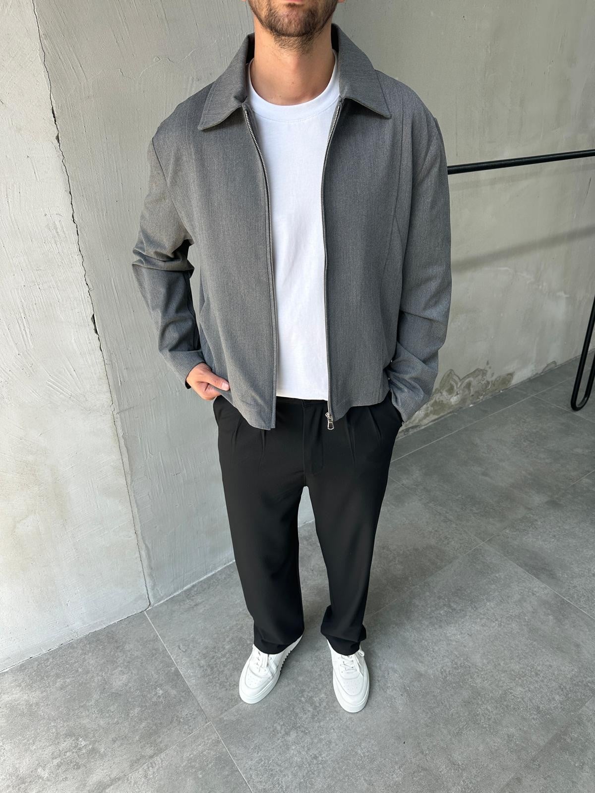 Oversize Gri Dokuma Erkek Casual Ceket