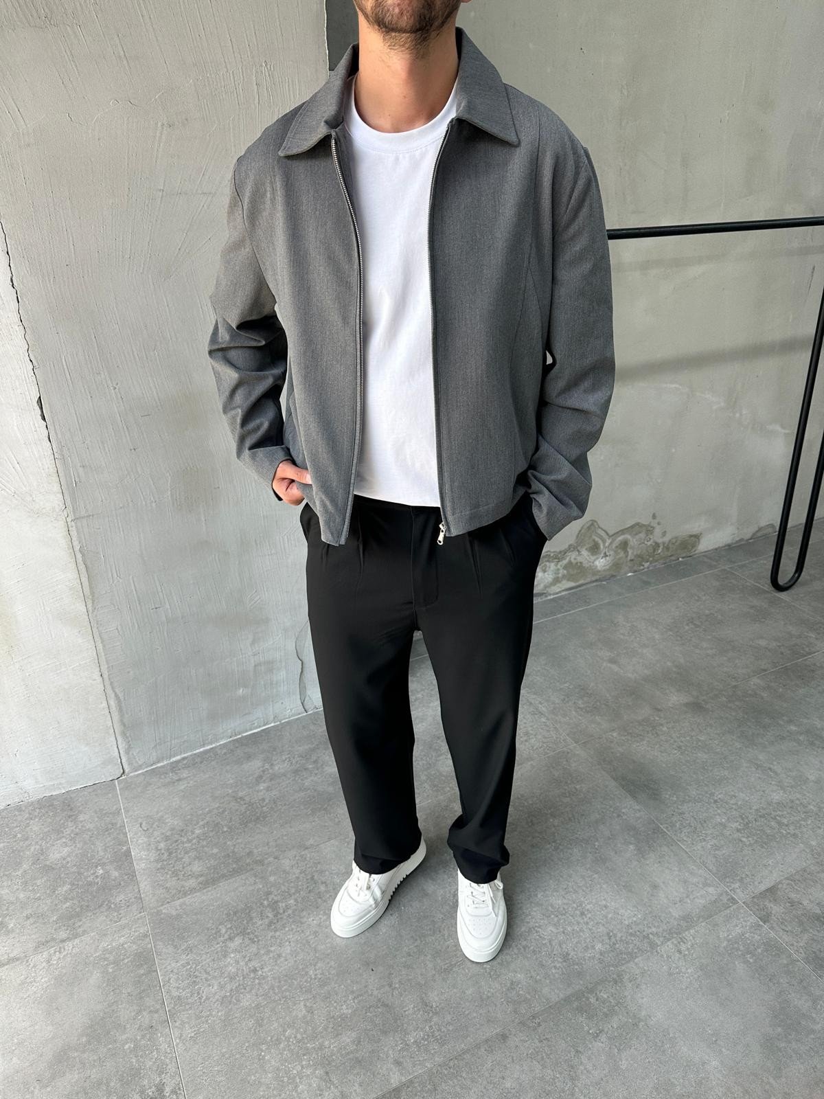 Oversize Gri Dokuma Erkek Casual Ceket