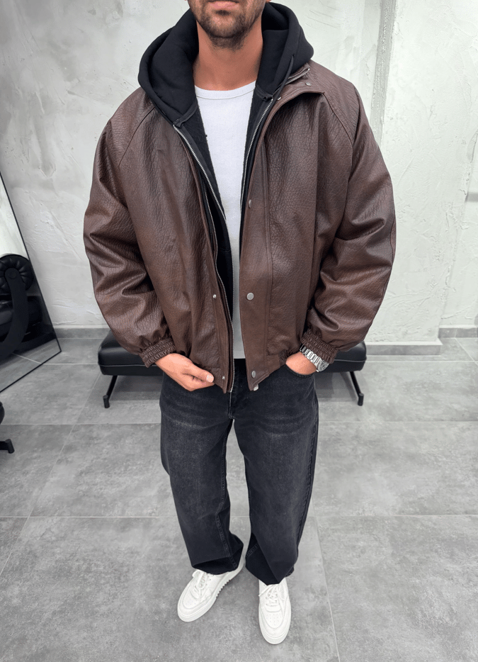 Oversize Kahve Suni Deri Bomber Ceket