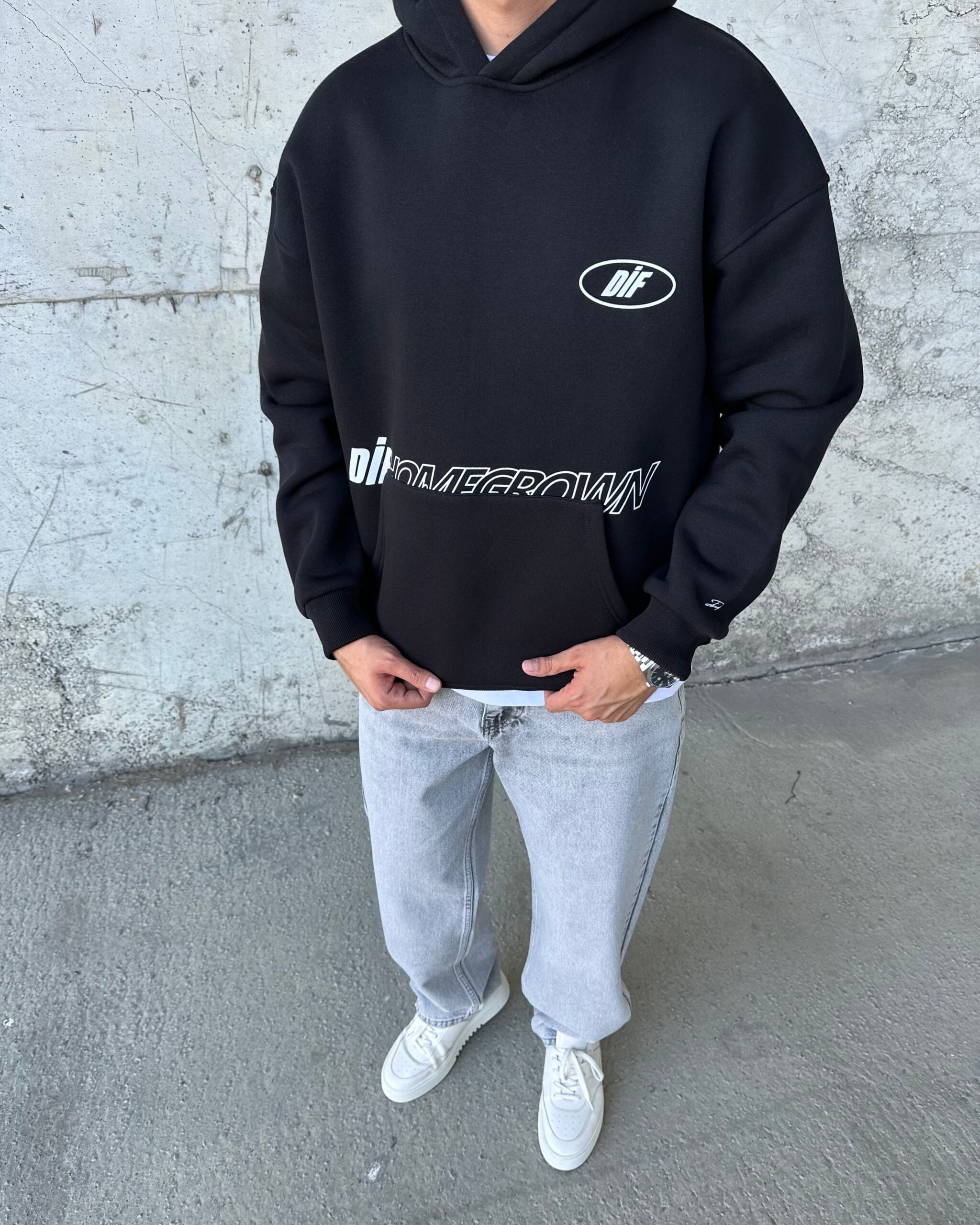 Pamuklu Oversize Baskılı Siyah Sweatshirt
