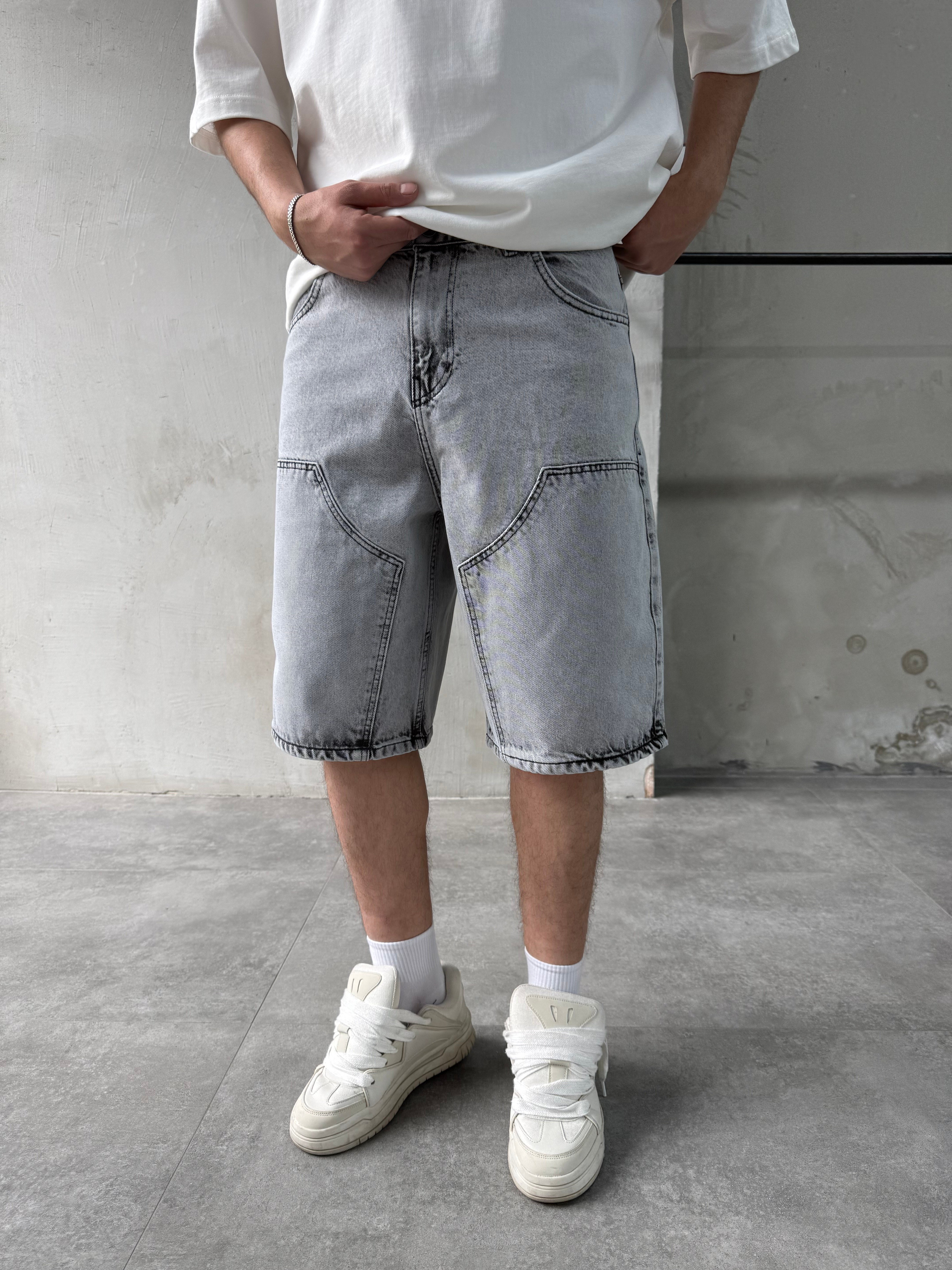 Parça Dikişli Açık Gri Bermuda Baggy Şort