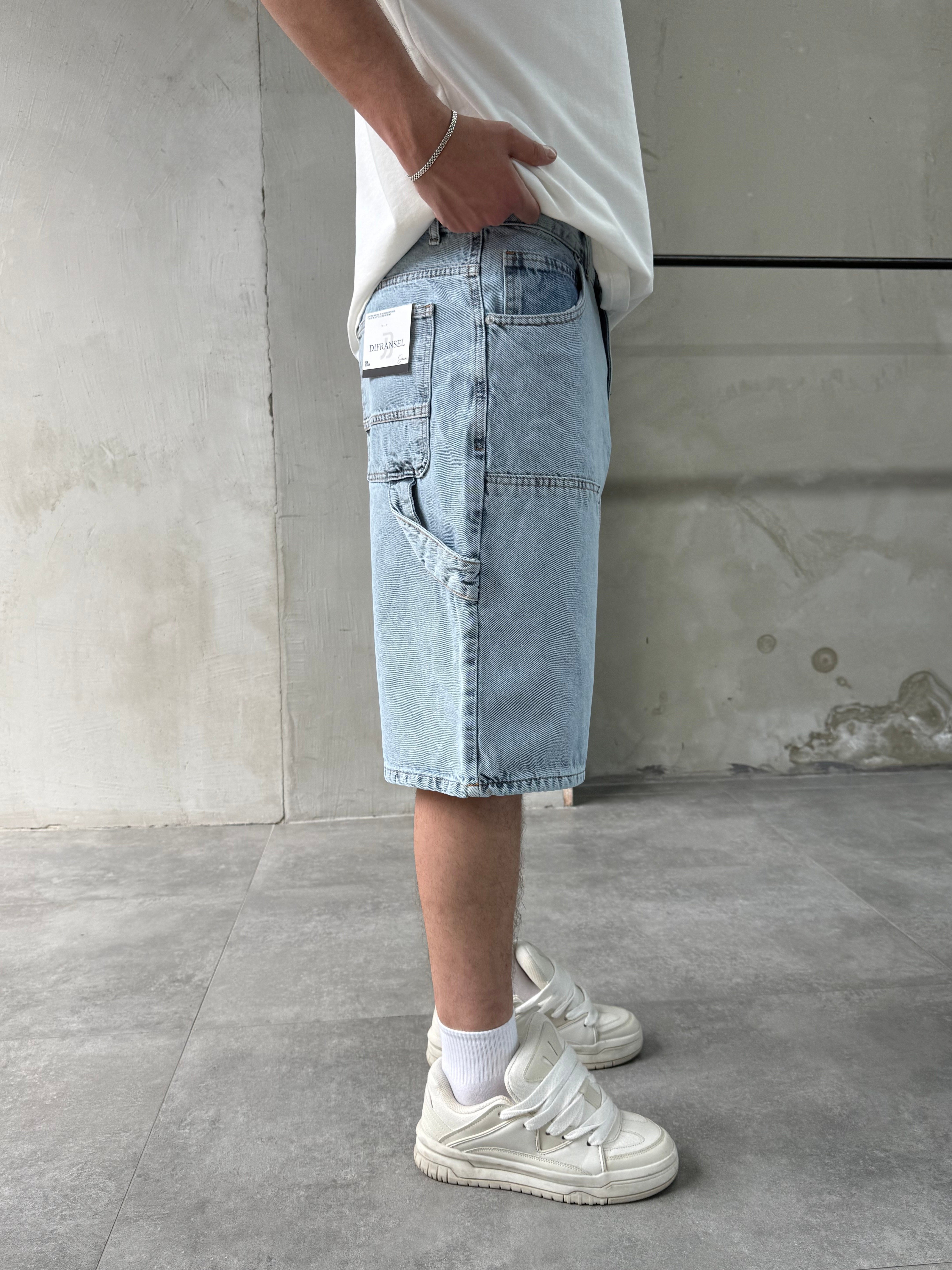 Parça Dikişli Buz Mavi Bermuda Baggy Şort