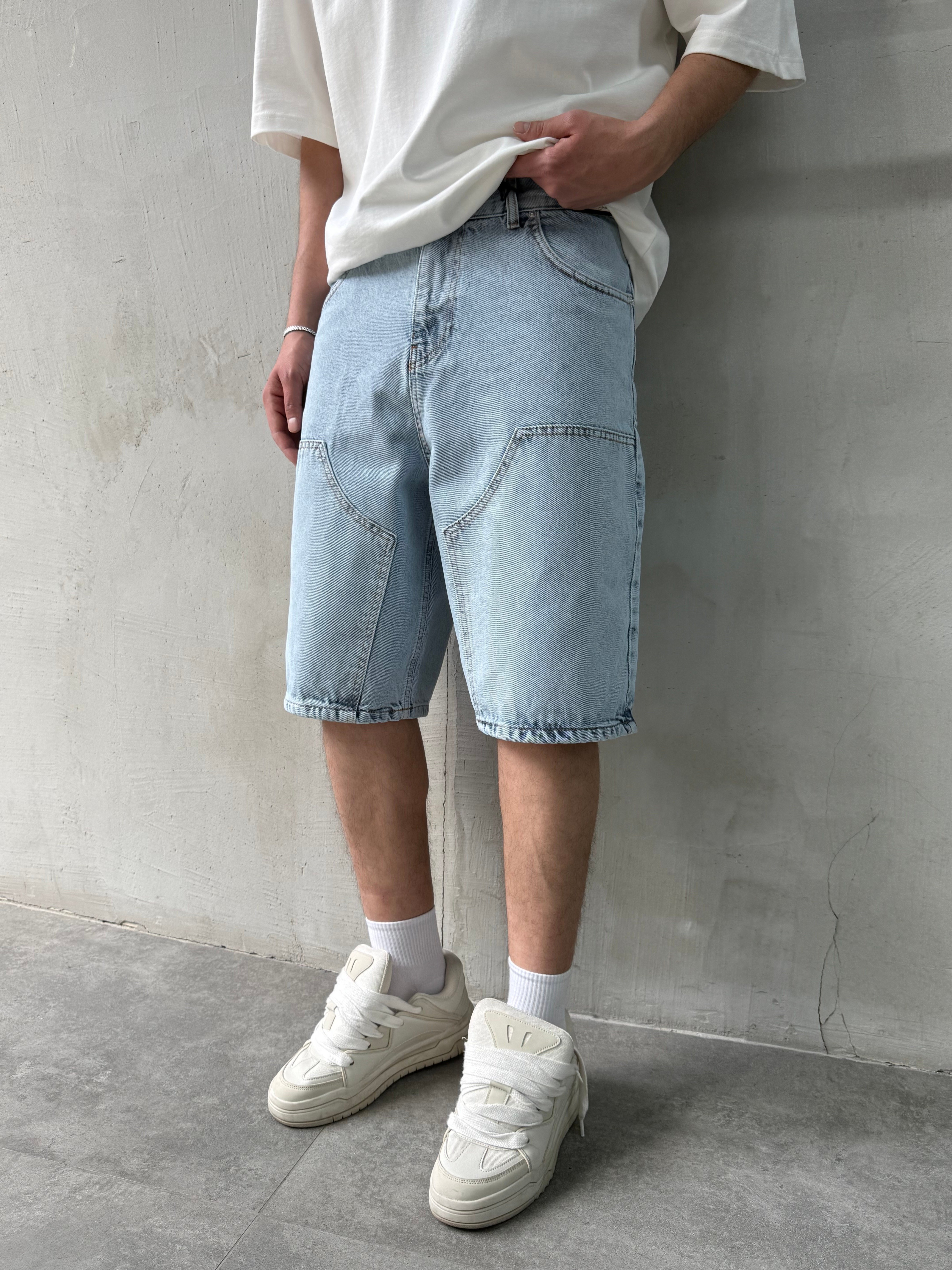 Parça Dikişli Buz Mavi Bermuda Baggy Şort