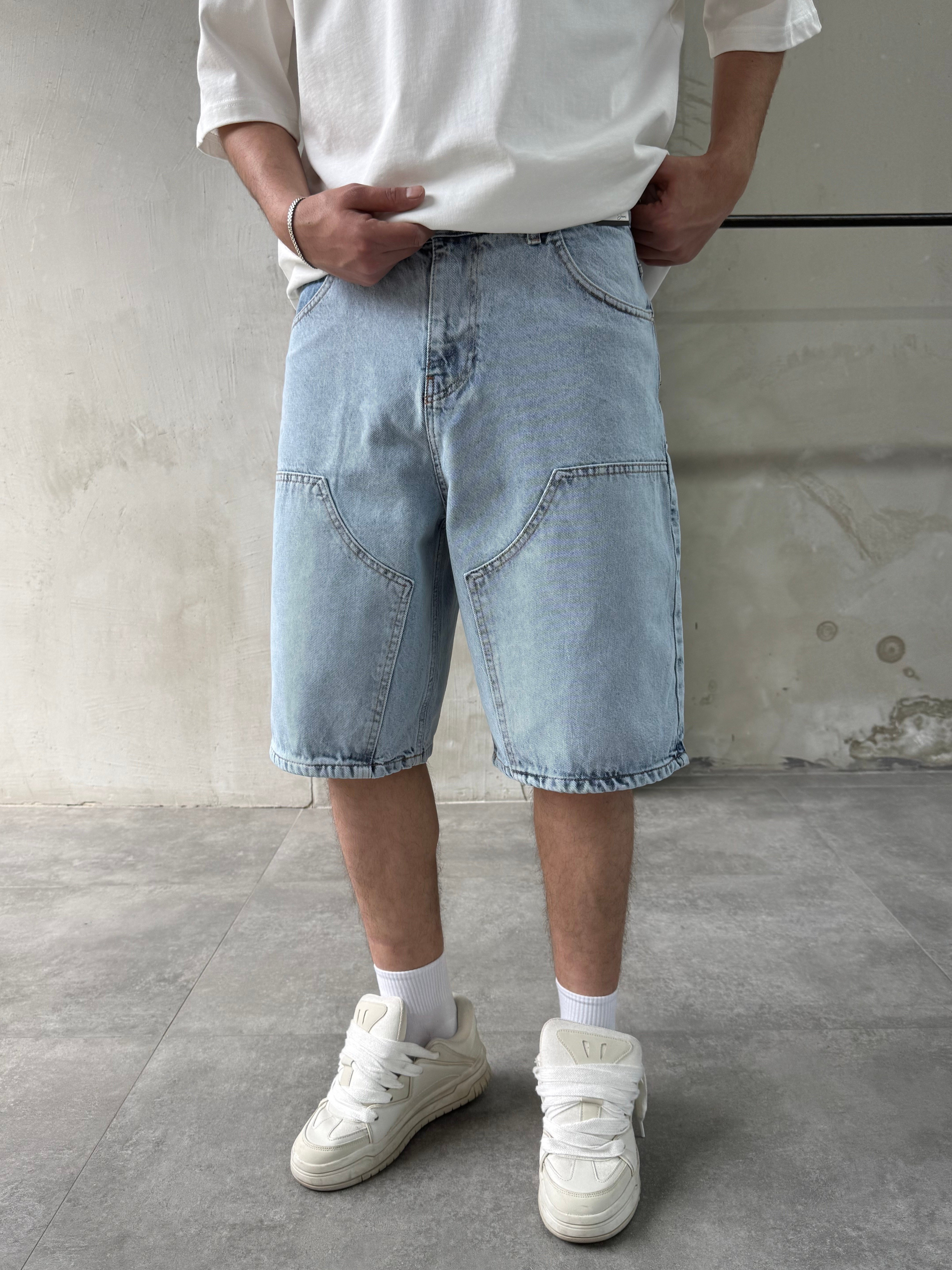 Parça Dikişli Buz Mavi Bermuda Baggy Şort