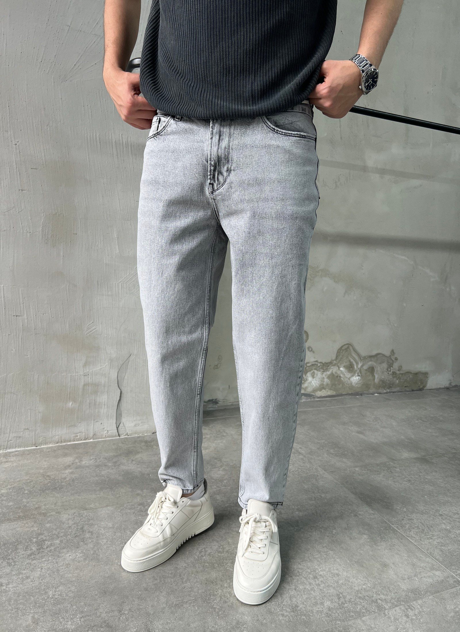 Rahat Kalıp Açık Gri Boyfriend Jean Pantolon