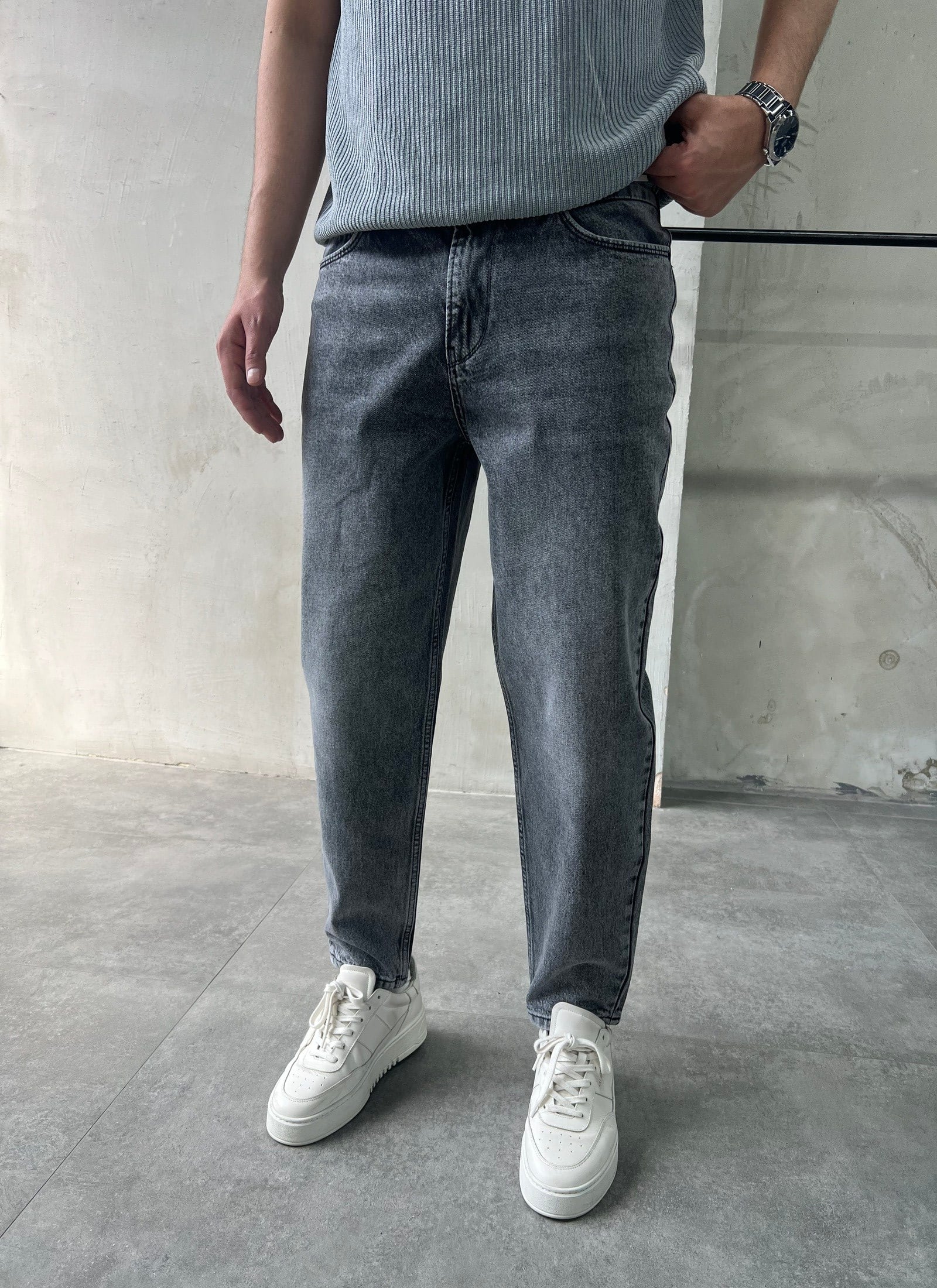 Rahat Kalıp Gri Boyfriend Jean Pantolon