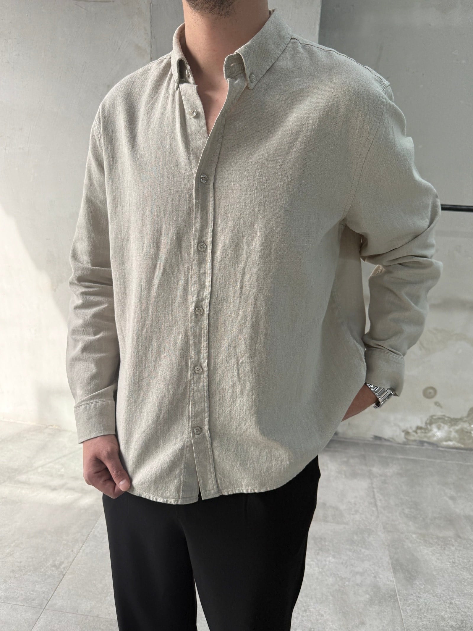 Rahat Kalıp Keten Pamuklu Bej Gömlek