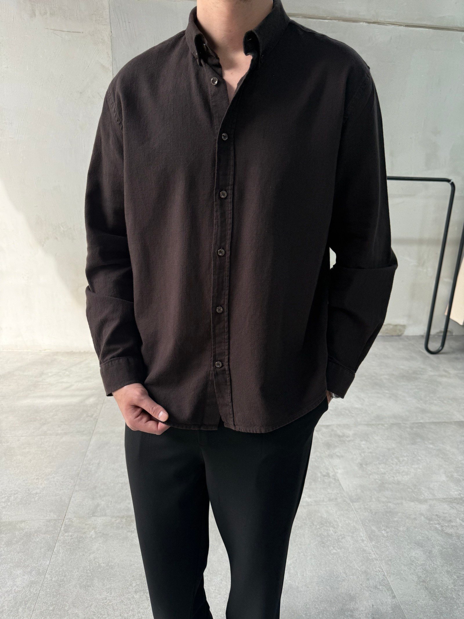 Rahat Kalıp Keten Pamuklu Kahve Gömlek