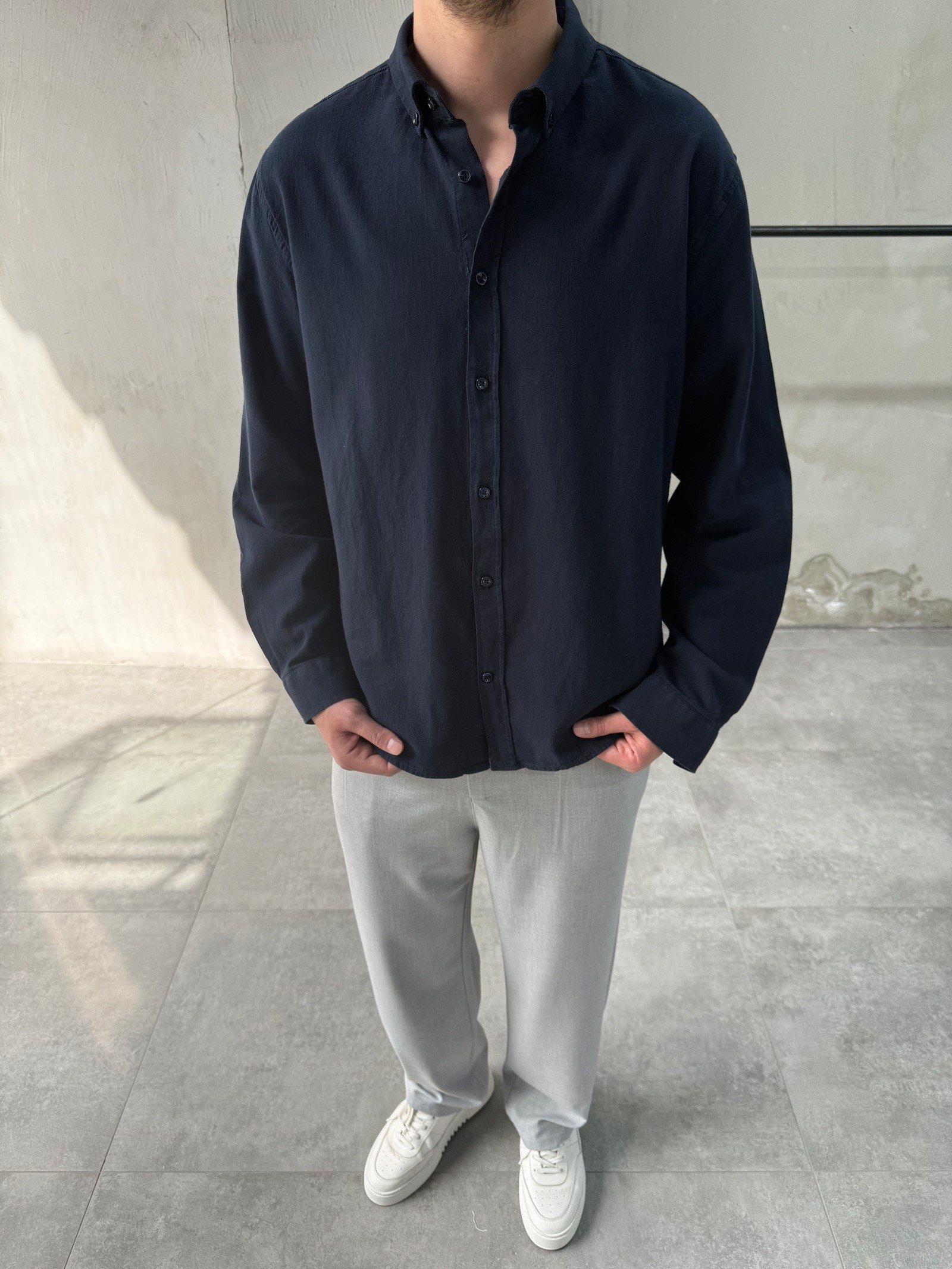 Rahat Kalıp Keten Pamuklu Lacivert Gömlek