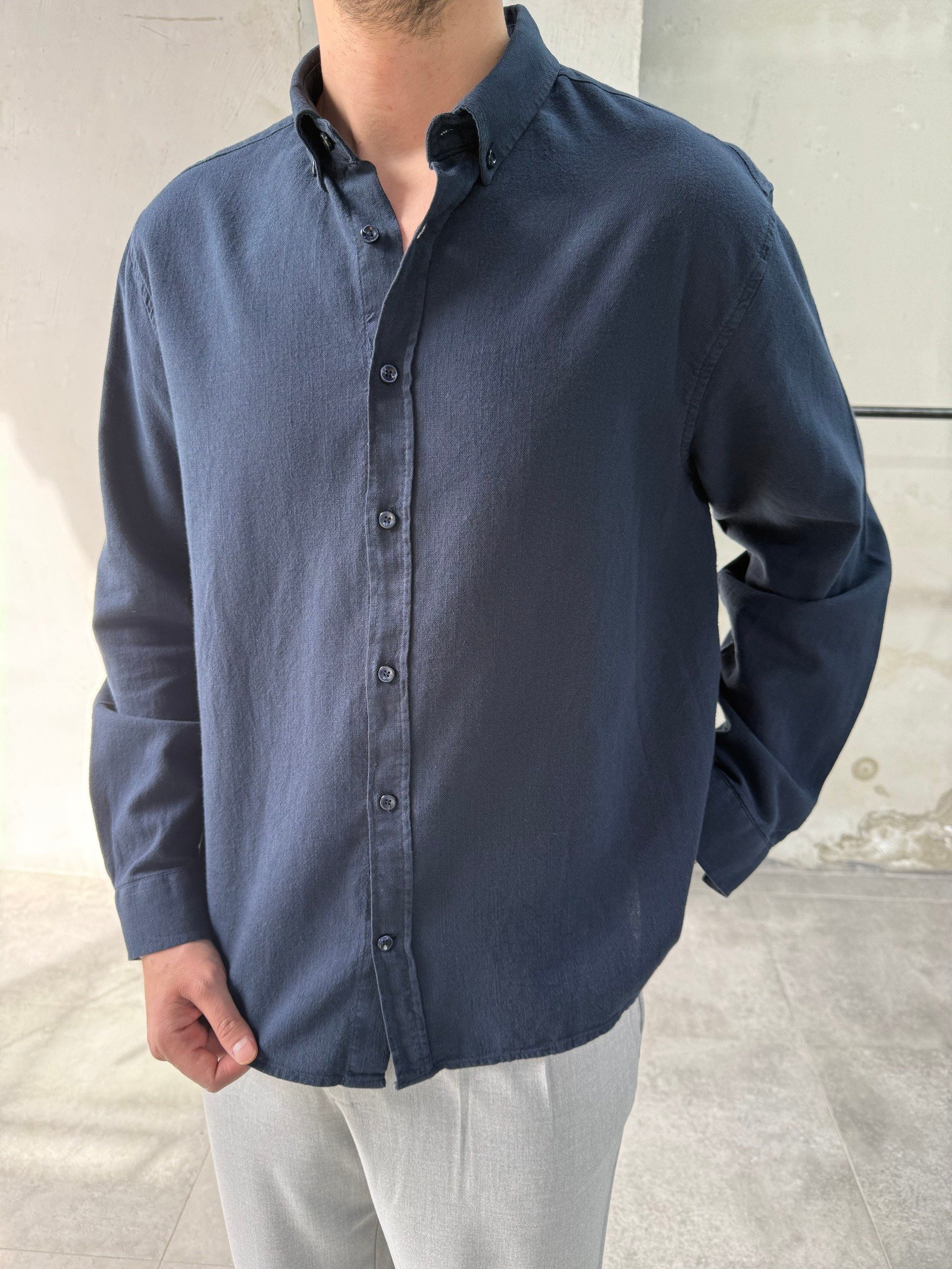 Rahat Kalıp Keten Pamuklu Lacivert Gömlek