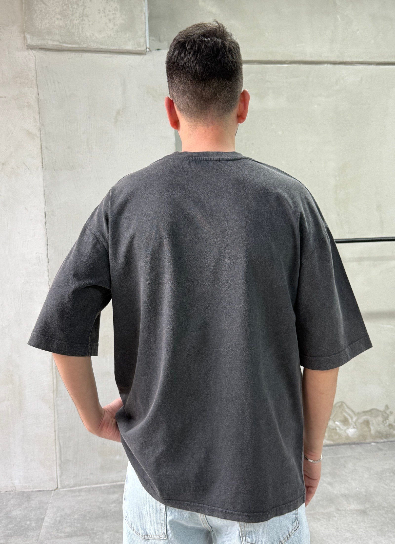 Raw Baskı Yıkamalı Antrasit Oversize T-shirt
