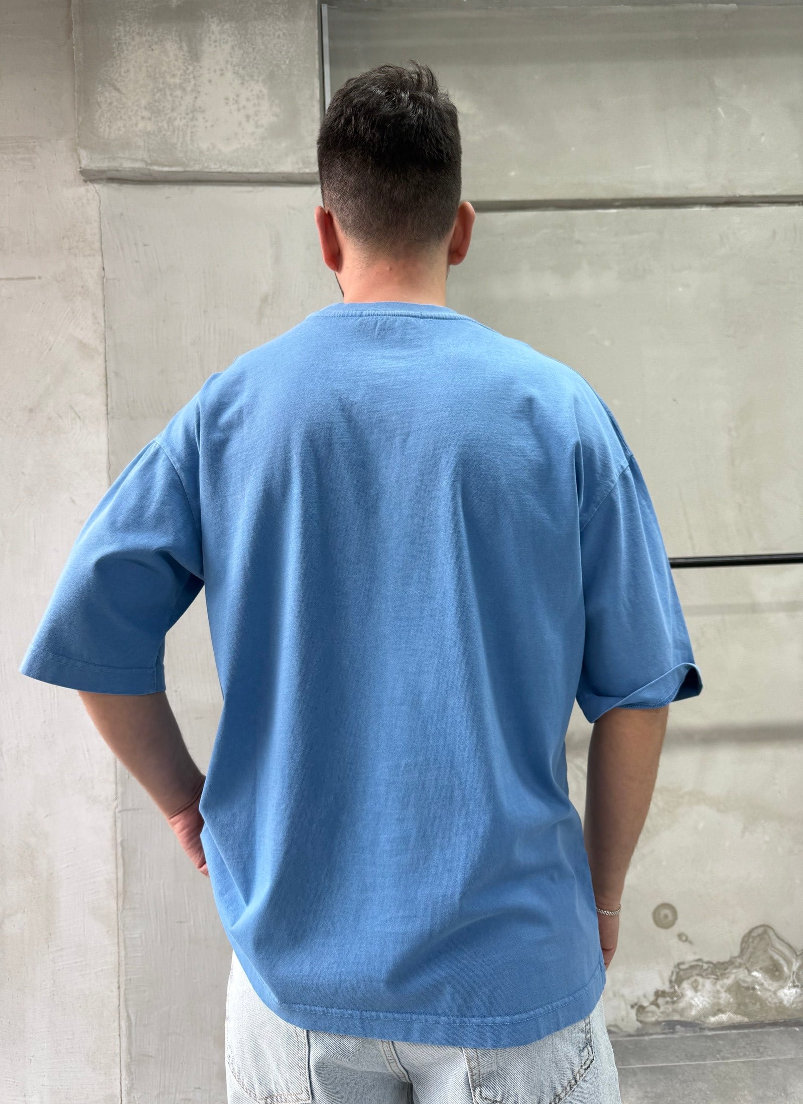 Raw Baskı Yıkamalı Mavi Oversize T-shirt