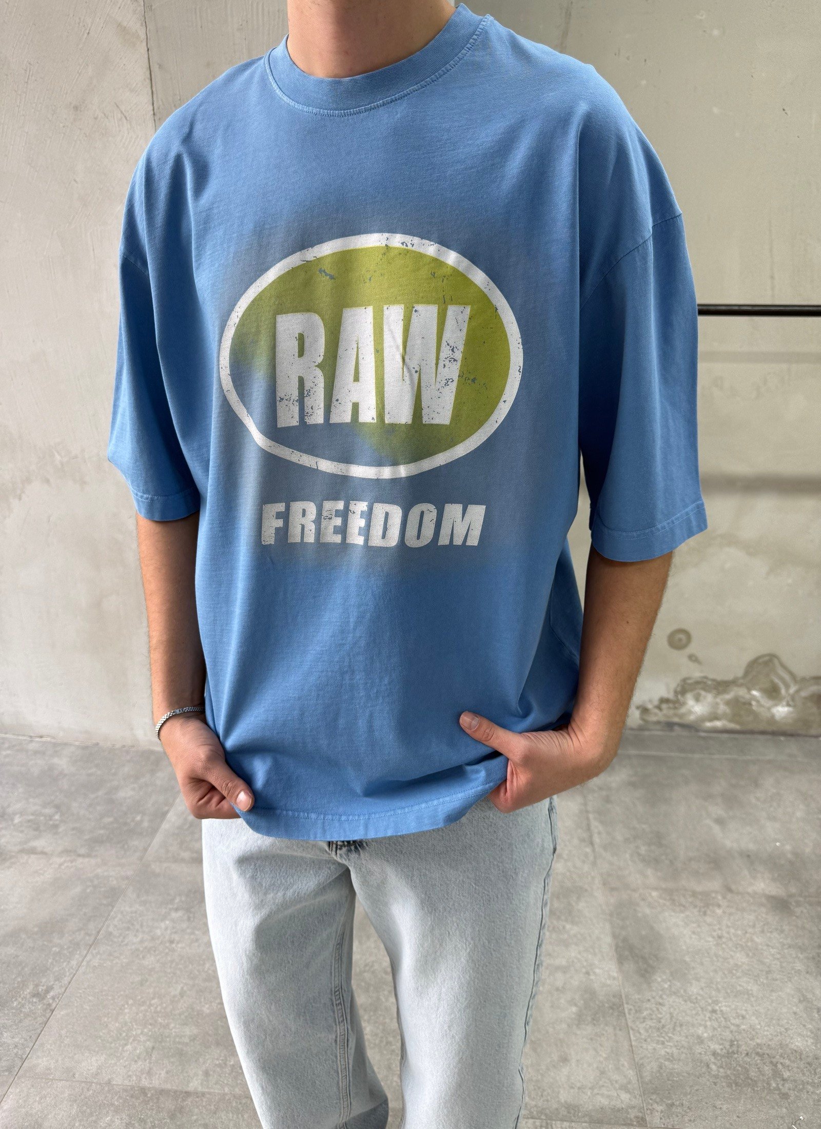 Raw Baskı Yıkamalı Mavi Oversize T-shirt