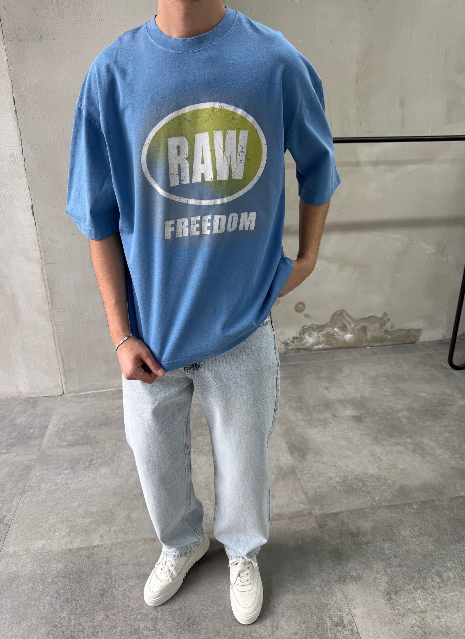 Raw Baskı Yıkamalı Mavi Oversize T-shirt