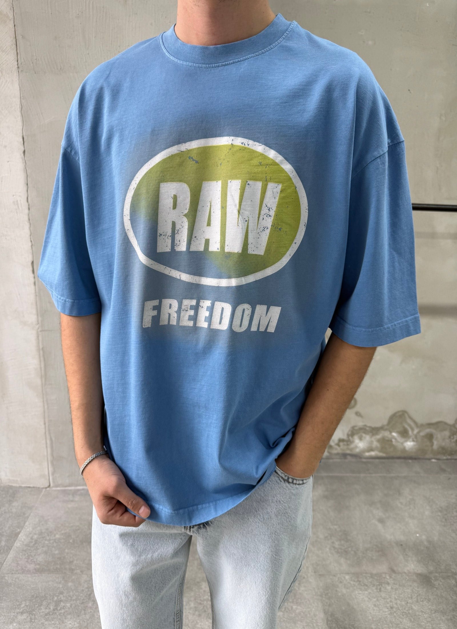 Raw Baskı Yıkamalı Mavi Oversize T-shirt