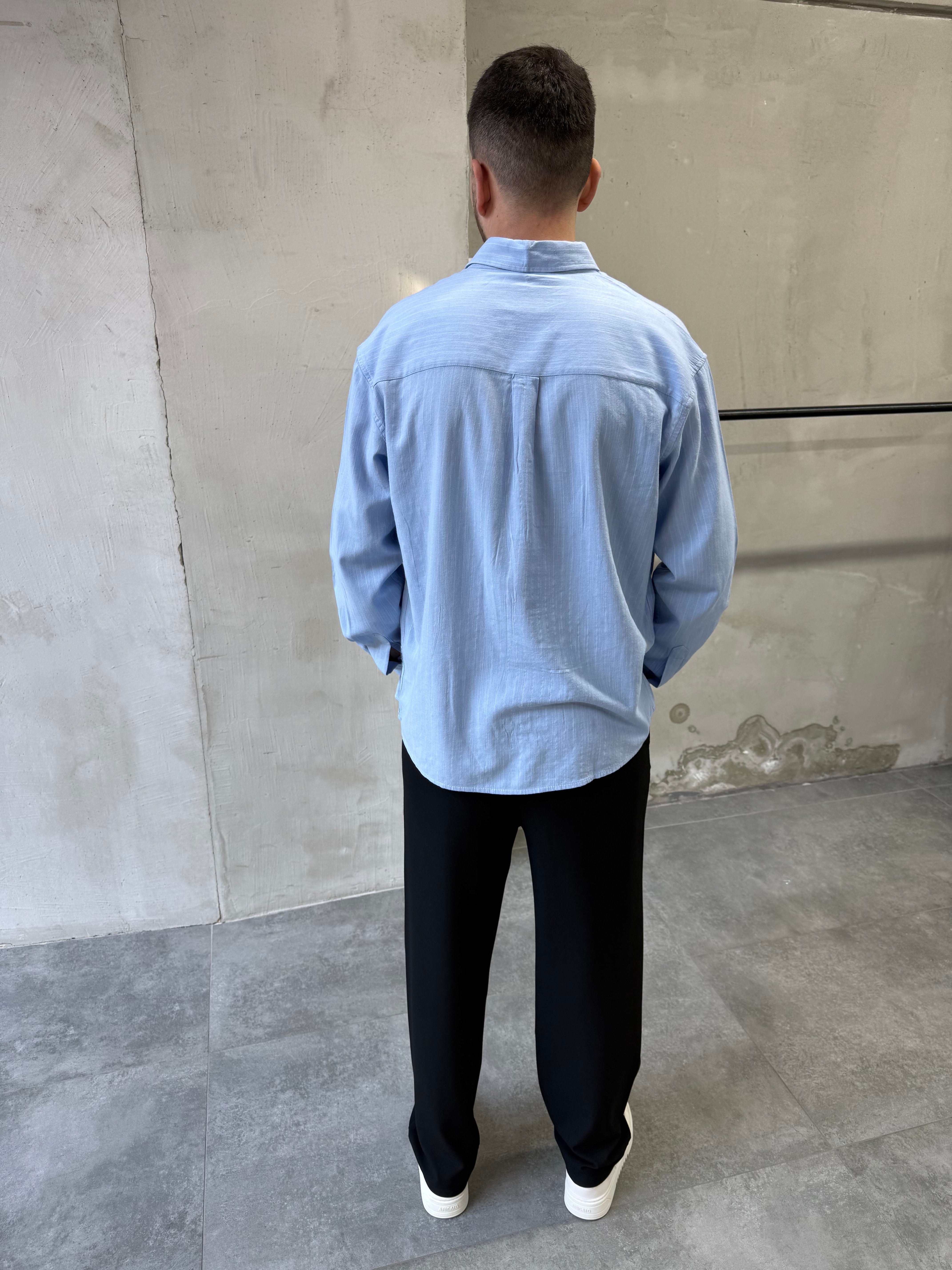 Relaxed Fit Çizgili Keten Mavi Gömlek