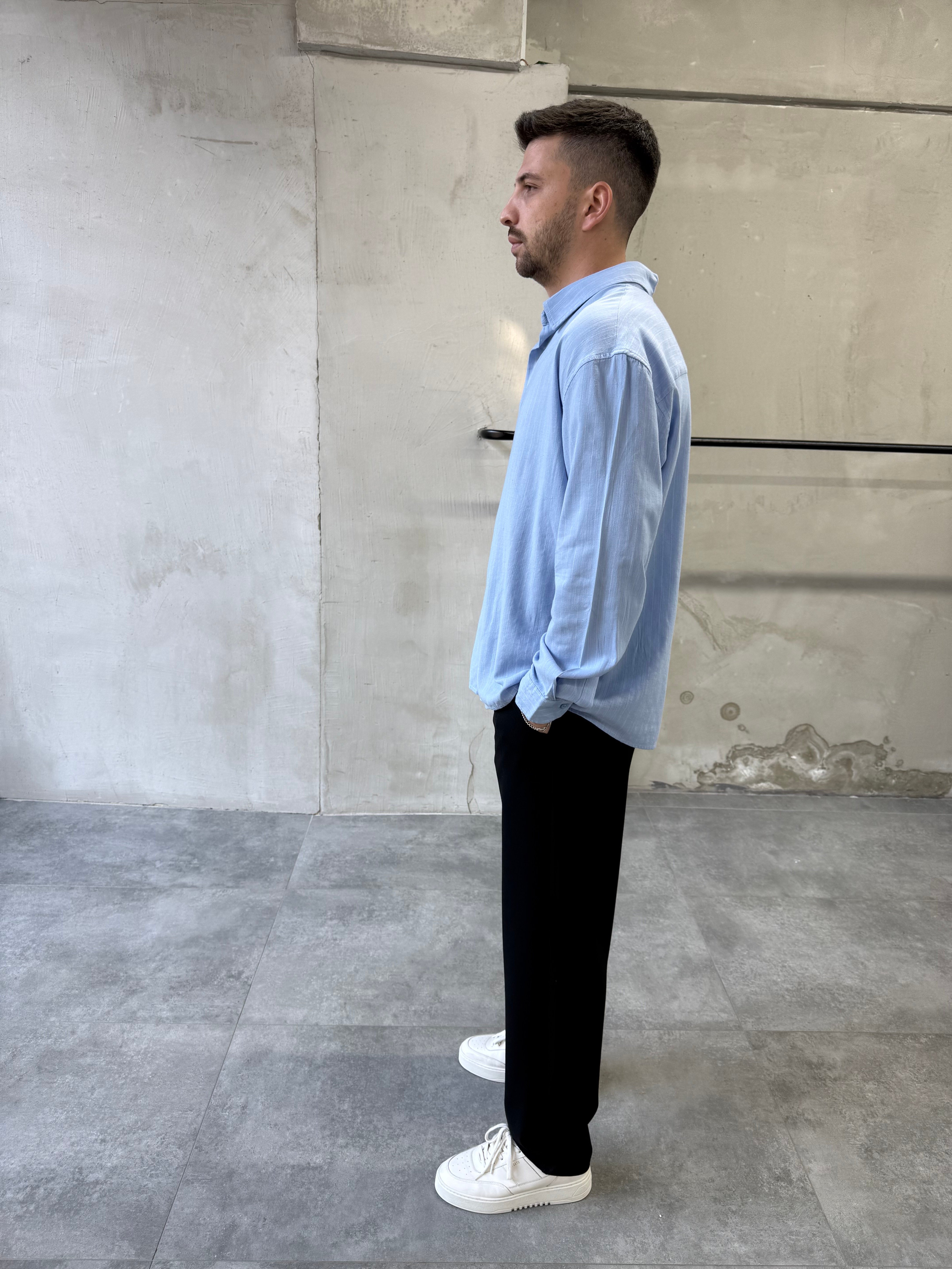 Relaxed Fit Çizgili Keten Mavi Gömlek
