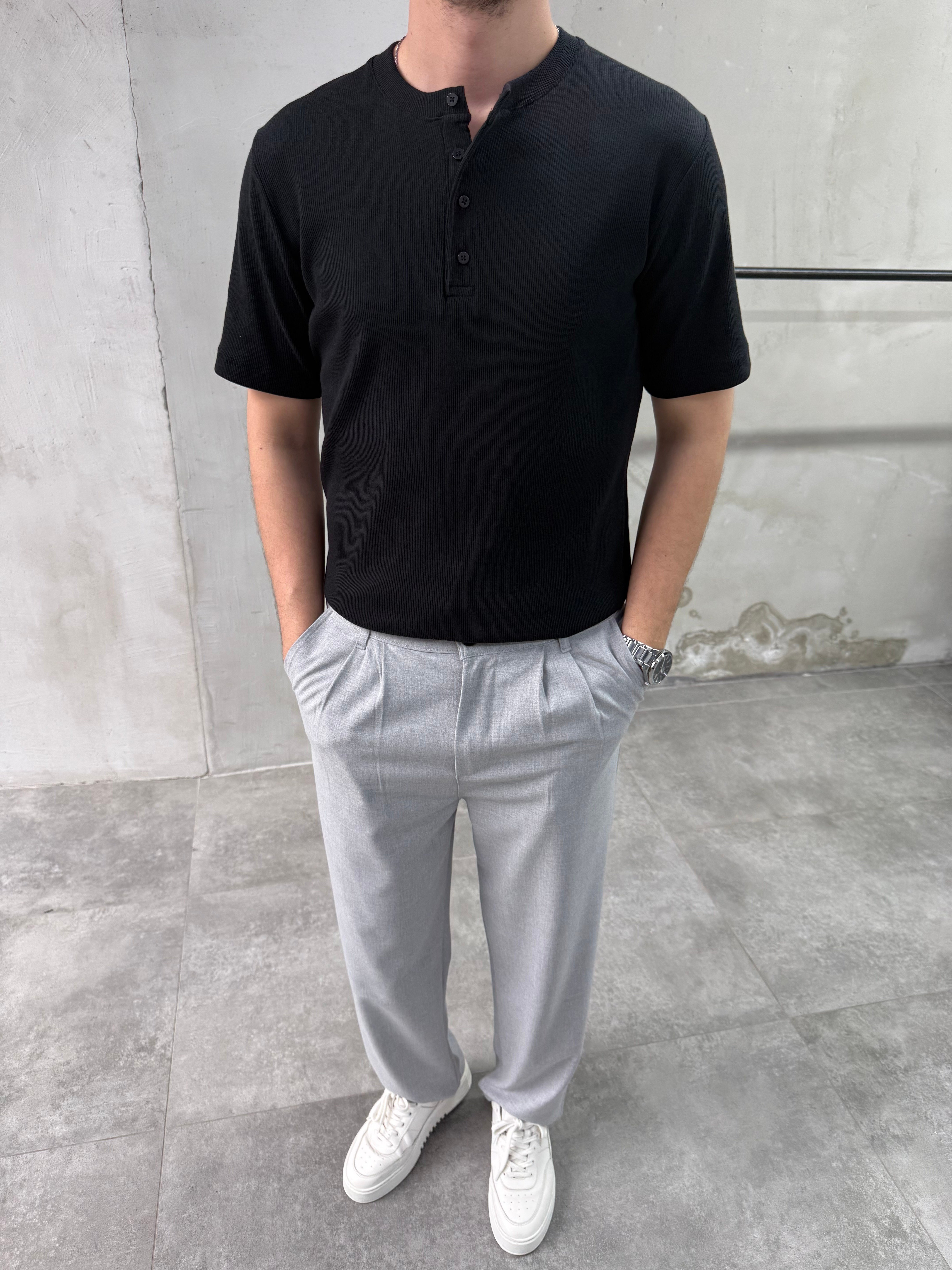 Slim Fit Düğmeli Yaka Fitilli Kısa Kollu Siyah T-shirt