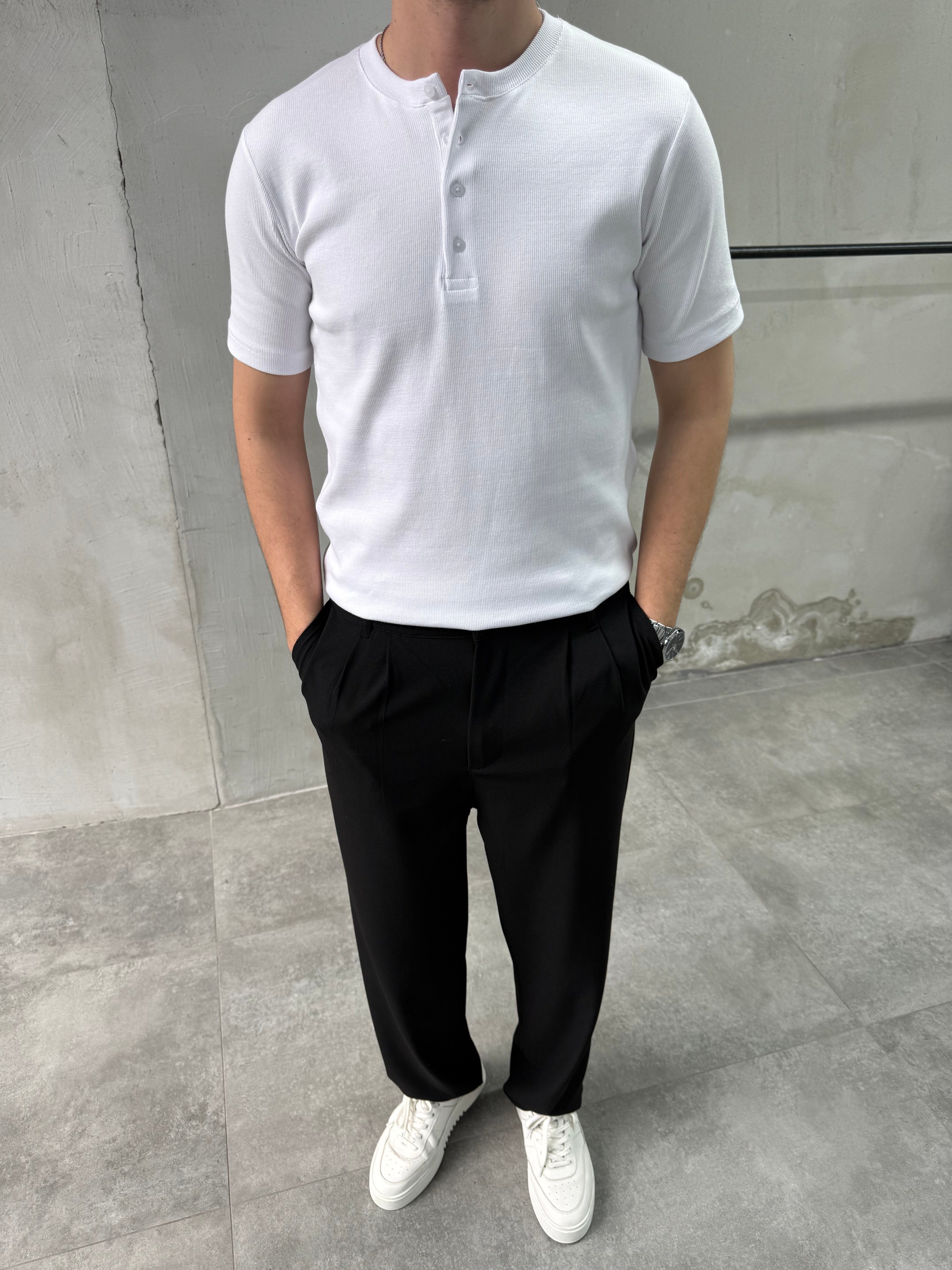 Slim Fit Düğmeli Yaka Fitilli Kısa Kollu Beyaz T-shirt