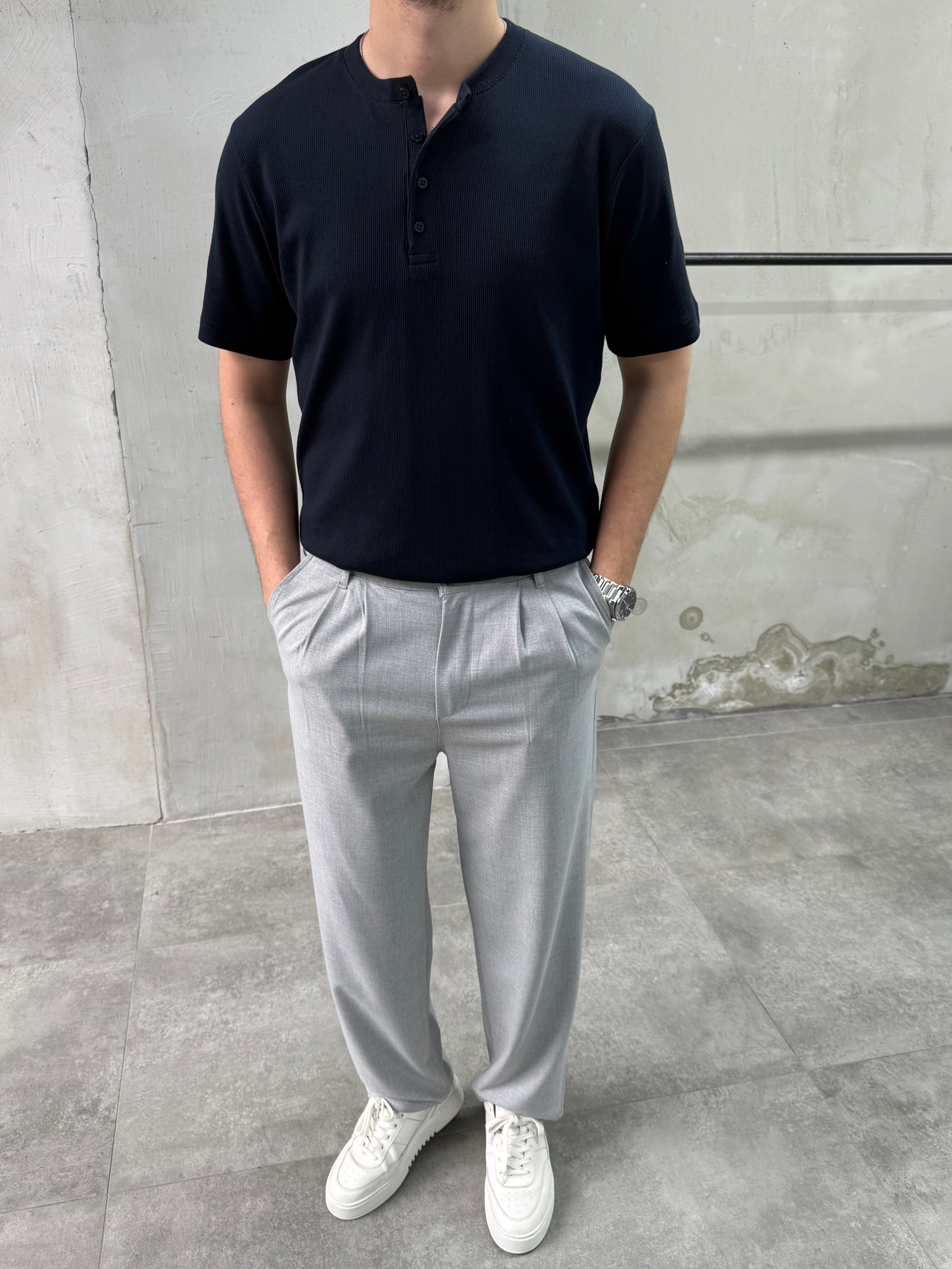 Slim Fit Düğmeli Yaka Fitilli Kısa Kollu Lacivert T-shirt