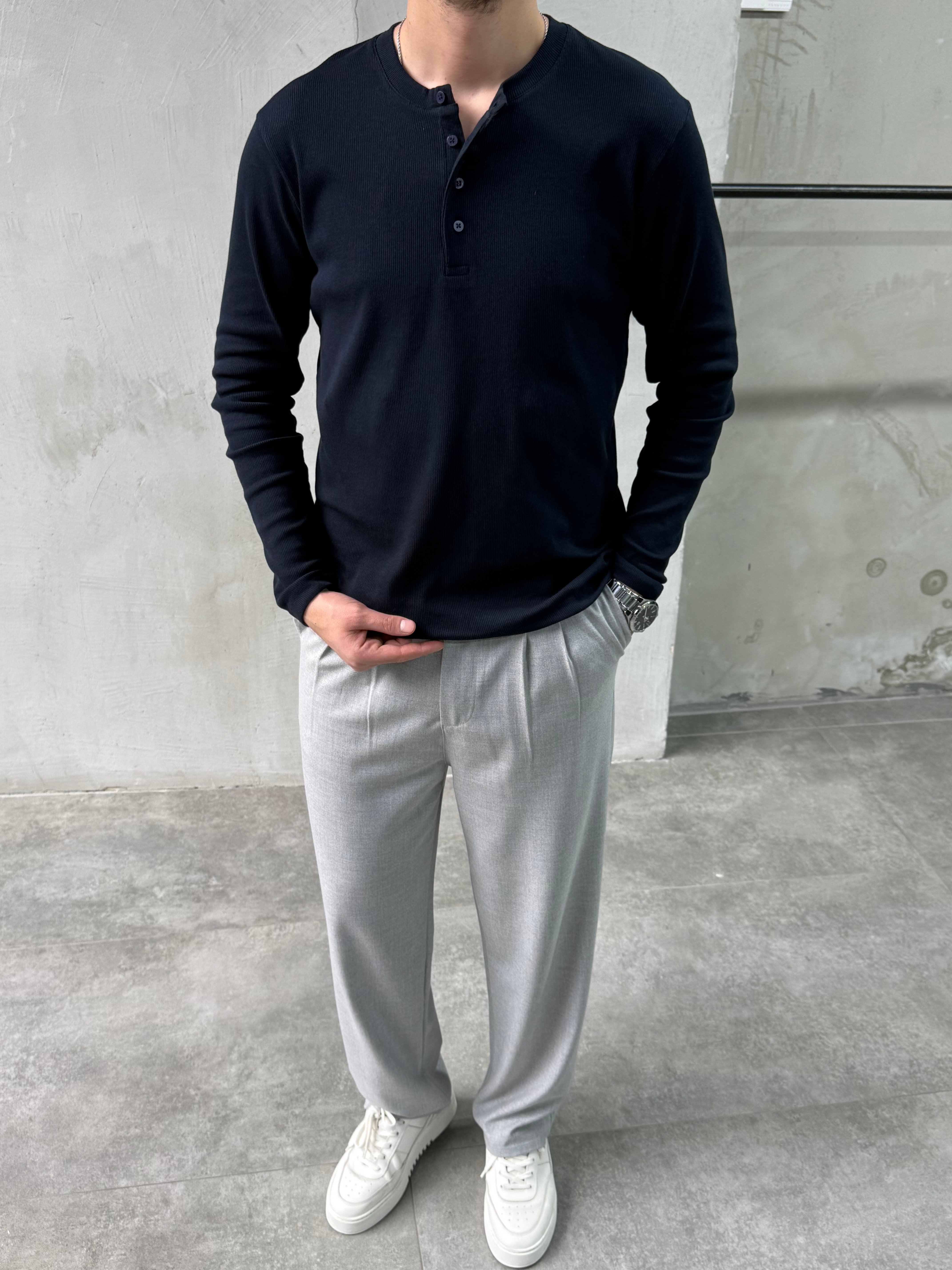 Slim Fit Düğmeli Yaka Fitilli Uzun Kollu Siyah T-shirt