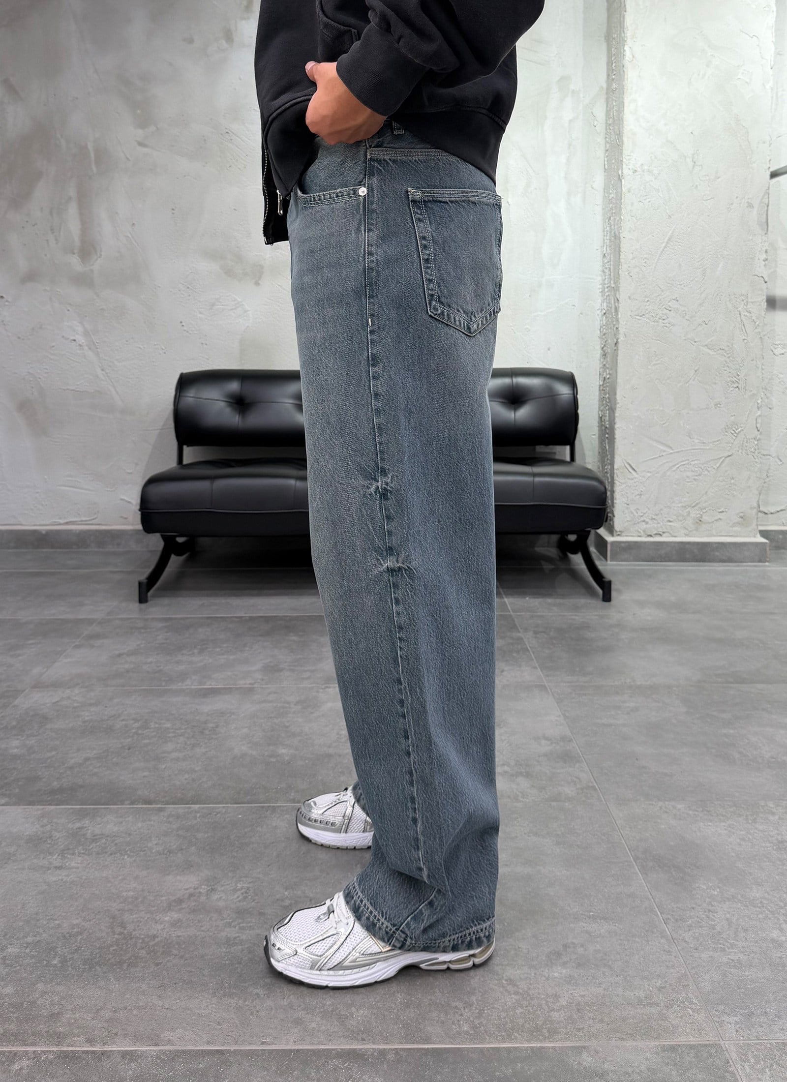 Süper Baggy Yıkamalı Eskitme Gri Fit Jean