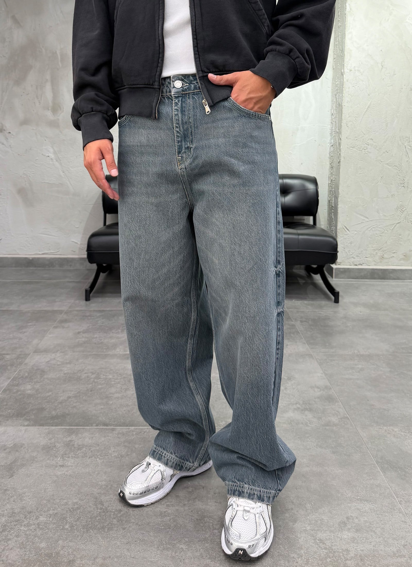 Süper Baggy Yıkamalı Eskitme Gri Fit Jean