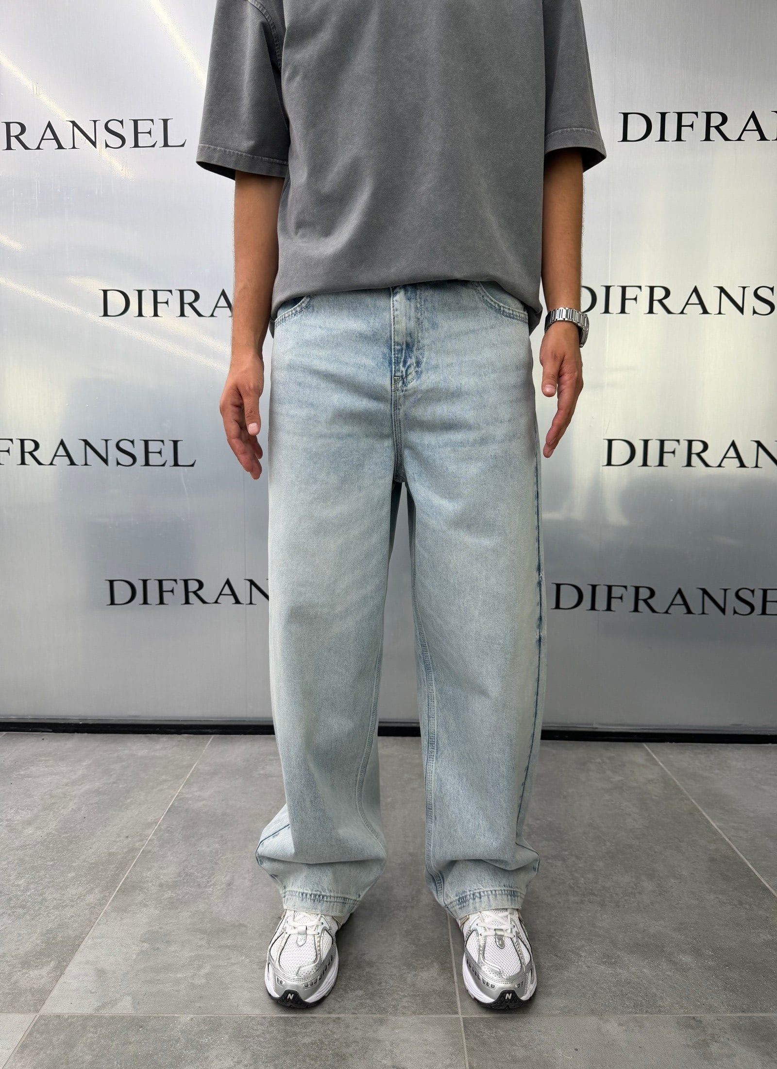 Süper Baggy Yıkamalı Eskitme Mavi  Fit Jean