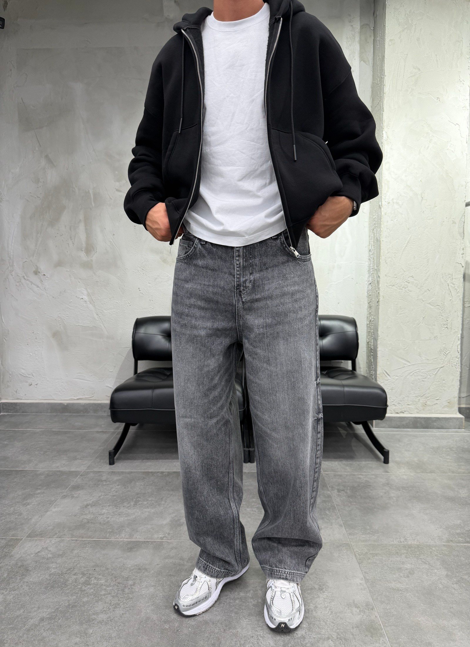 Süper Baggy Yıkamalı Koyu Gri  Fit Jean