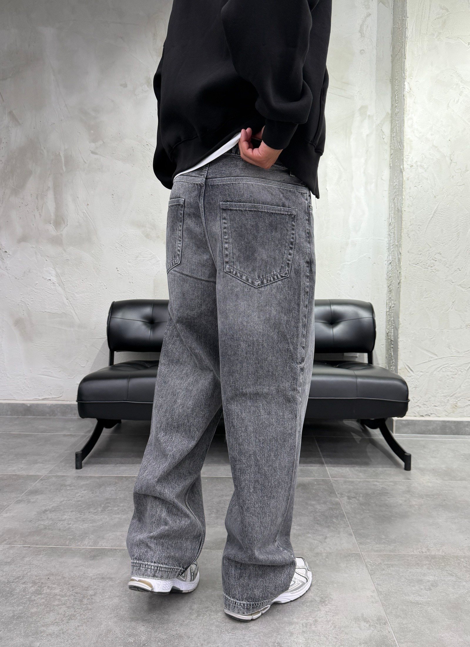 Süper Baggy Yıkamalı Koyu Gri  Fit Jean