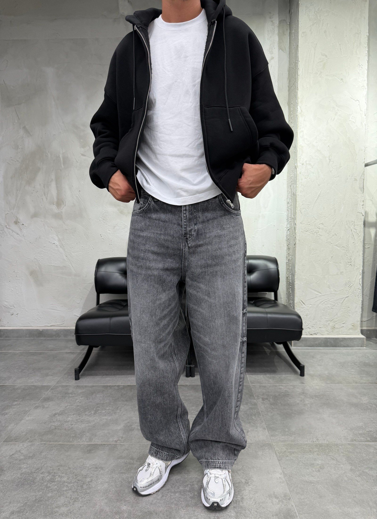 Süper Baggy Yıkamalı Koyu Gri  Fit Jean