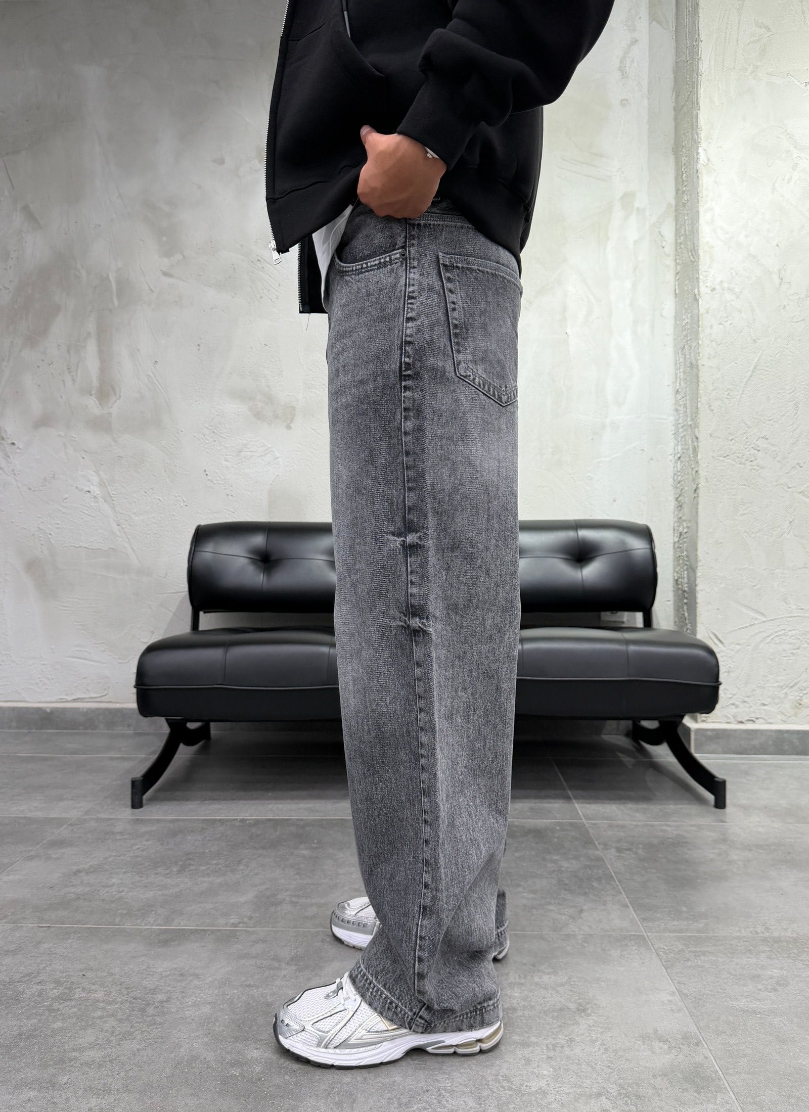 Süper Baggy Yıkamalı Koyu Gri  Fit Jean